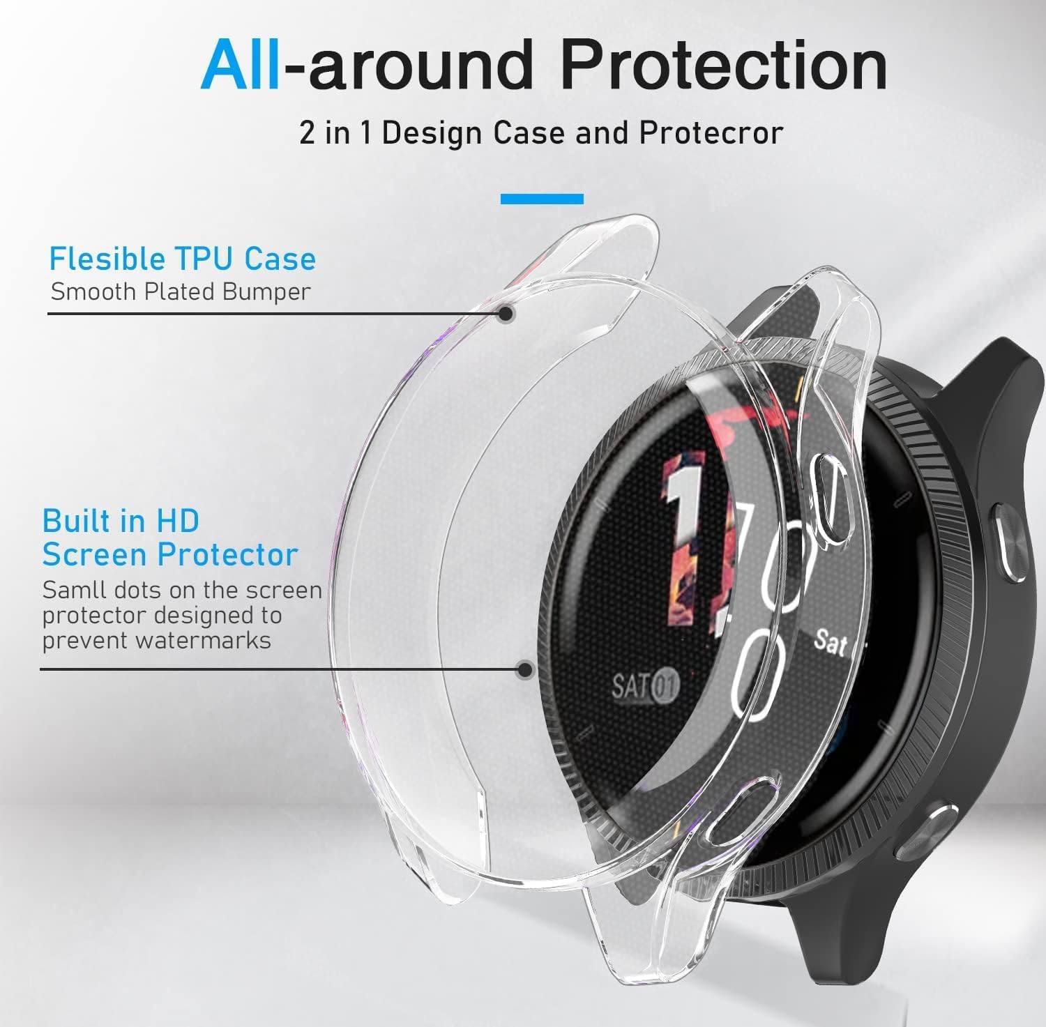 QULLOO Cover Protettiva Per Garmin Vivoactive 4 45mm (2 Pezzi): Morbida TPU Trasparente E Blu, Antigraffio