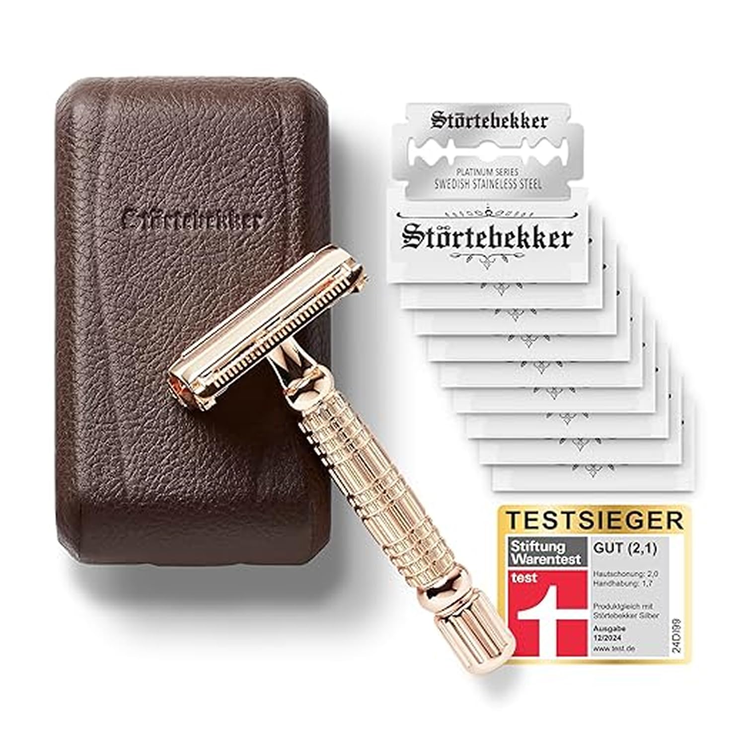 Störtebekker Premium Rasierhobel Hamburg – Testsieger 2024, Rasierset mit 10 Klingen & Leder-Etui