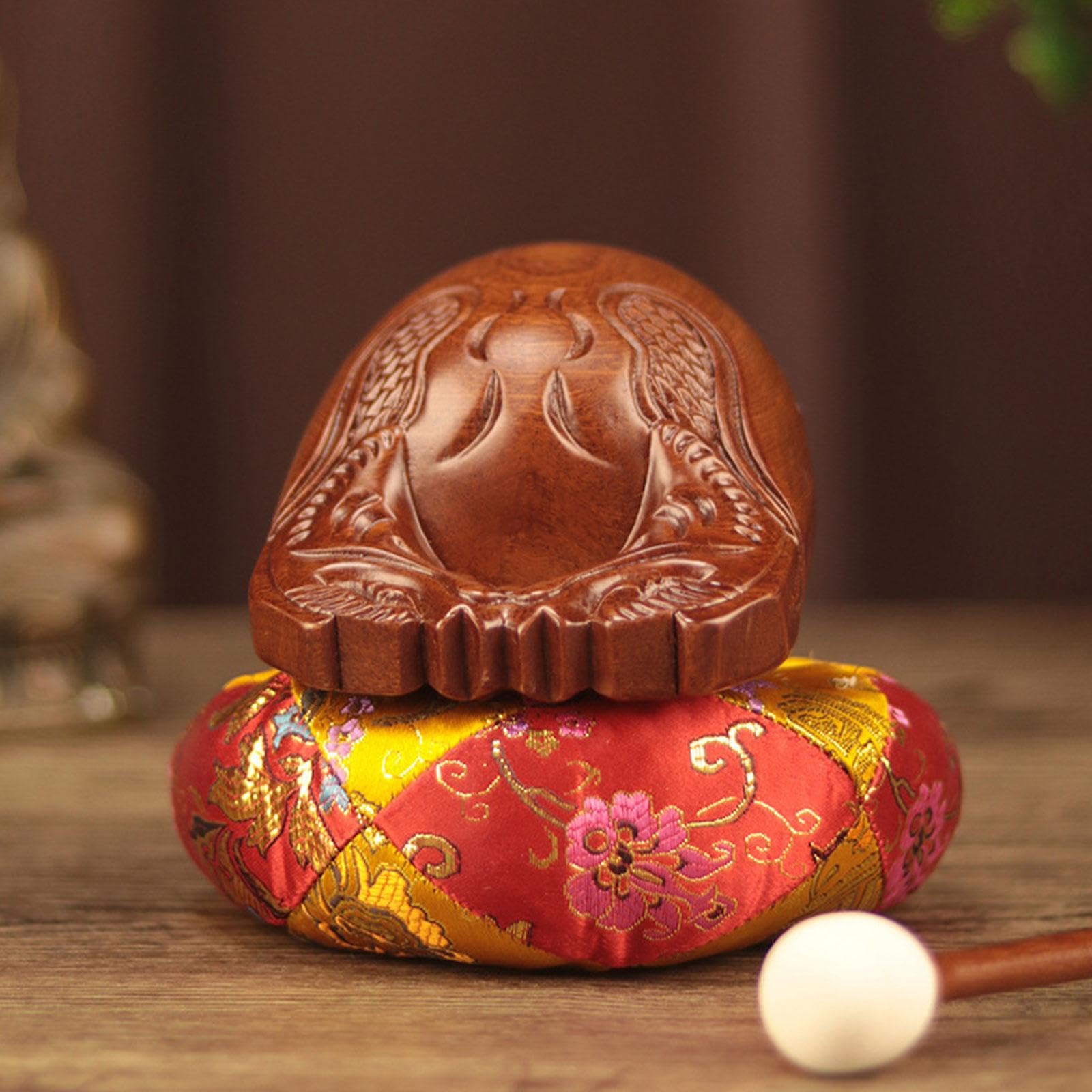 perfeclan Bloque de con mazo y cojín, tambor Mokugyo portátil, compacto y artesanal, de madera de sándalo rojo, para adoración, familia, hogar, spa, 3.5 Inch