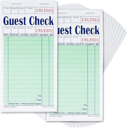 1000 Gorilla Supply - Libro de cheques de invitados de 3.4 x 5.04 pulgadas, bloc de notas para servidor para camarero y camarera, cheques perforados