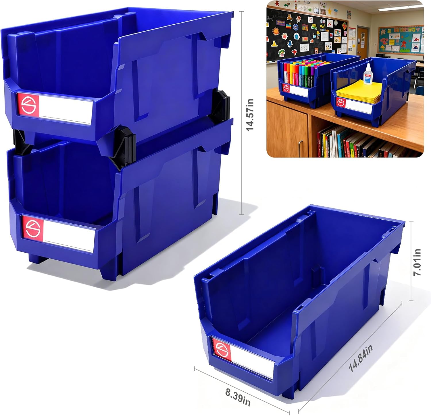 4Pack Storage Organizer Boxes,Desk Drawer Organizer, Stackable Storage Bins for Store Tools,Office Supplies,Workshop,Containers Garage(14.84" x 8.39"x 7.01"), Blue