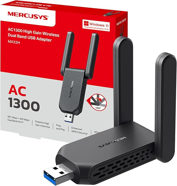 Mercusys TP-Link MA32H WiFi USB AC1300Mbps, Chiavetta WiFi per PC Fisso, 2 Antenne ad Alto Guadagno, Dual Band 5GHz/867Mbps + 2.4GHz/400Mbps, USB 3.0, MU-MIMO, WPA3, Supporta Windows 10/11, Plug&Play - 1