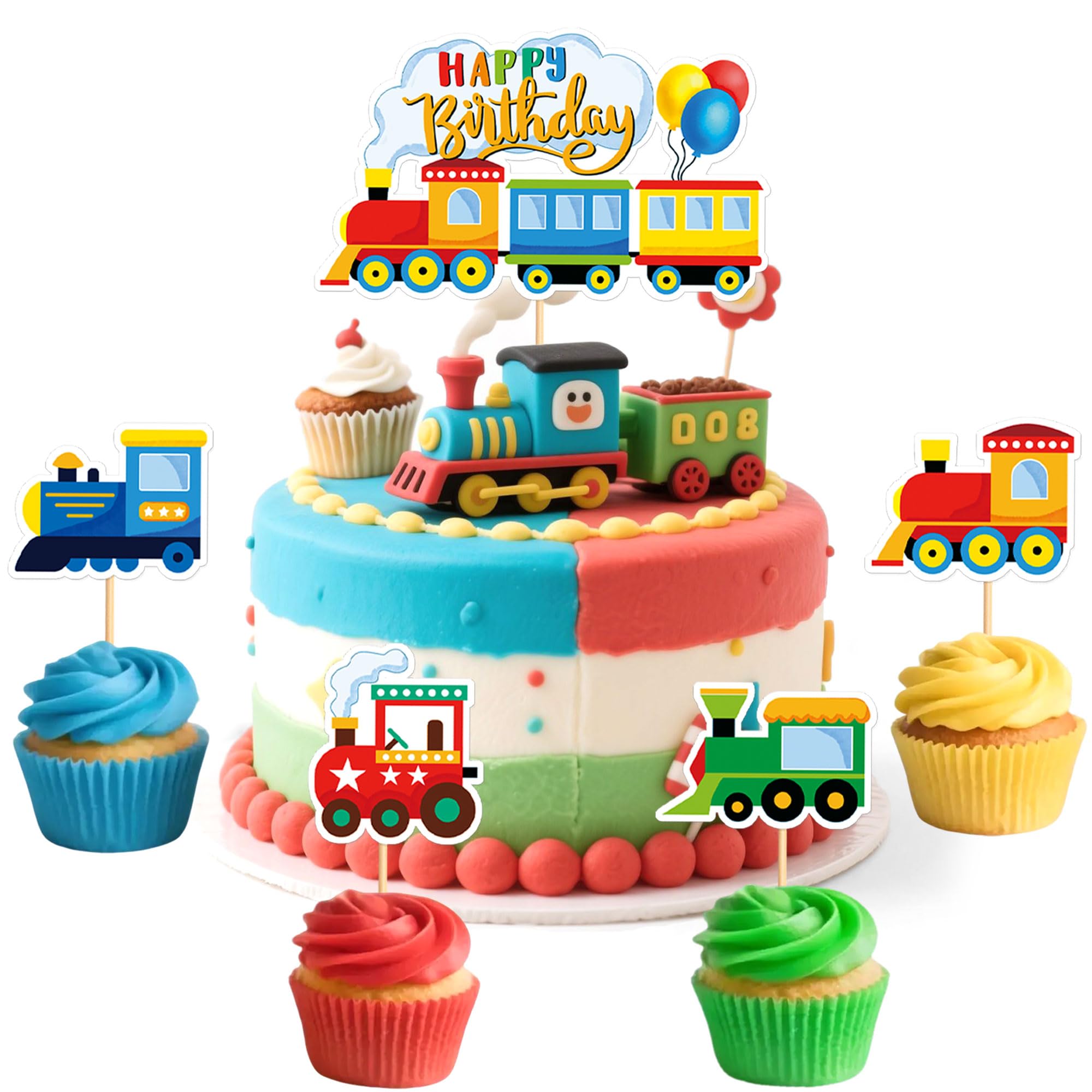 25Pcs Cartoon Train Birthday Cake Topper Colorful Railway Locomotive Cake Picks for Boys Kids Baby Shower Train Theme Birthday Party Cake Decor Supplies