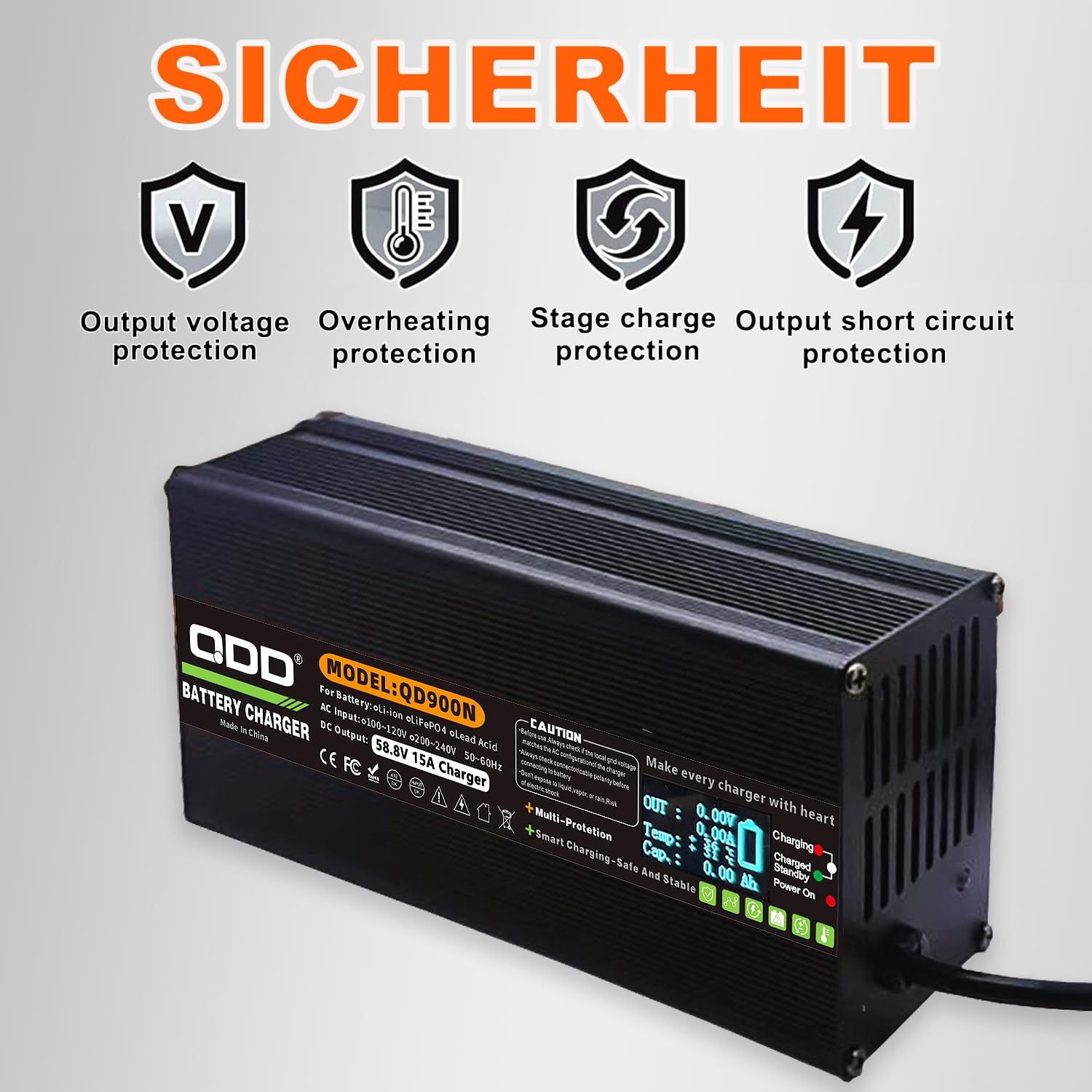 QDD Chargeur de batterie Li-ion 58,8 V 15 A avec écran OLED, prise CC XT60, utilisé pour batterie au lithium 14S 52 V, chargeur rapide 52 V