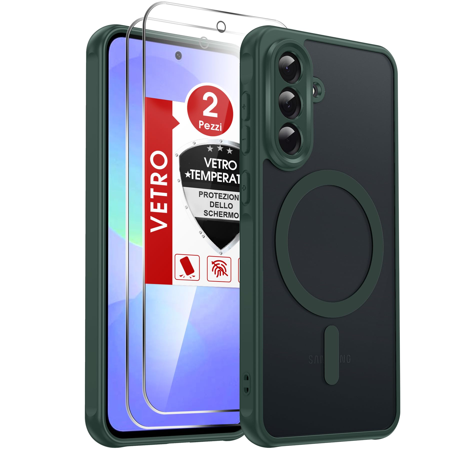 LeYi Cover Magnetica per Samsung Galaxy A36 5G con 2 Pezzi Vetro Temperato, Custodia per A 36 Traslucida Opaca Anti-Impronte Resistente ai Graffi Paraurti in TPU Antiurto Protettiva Case, Verde