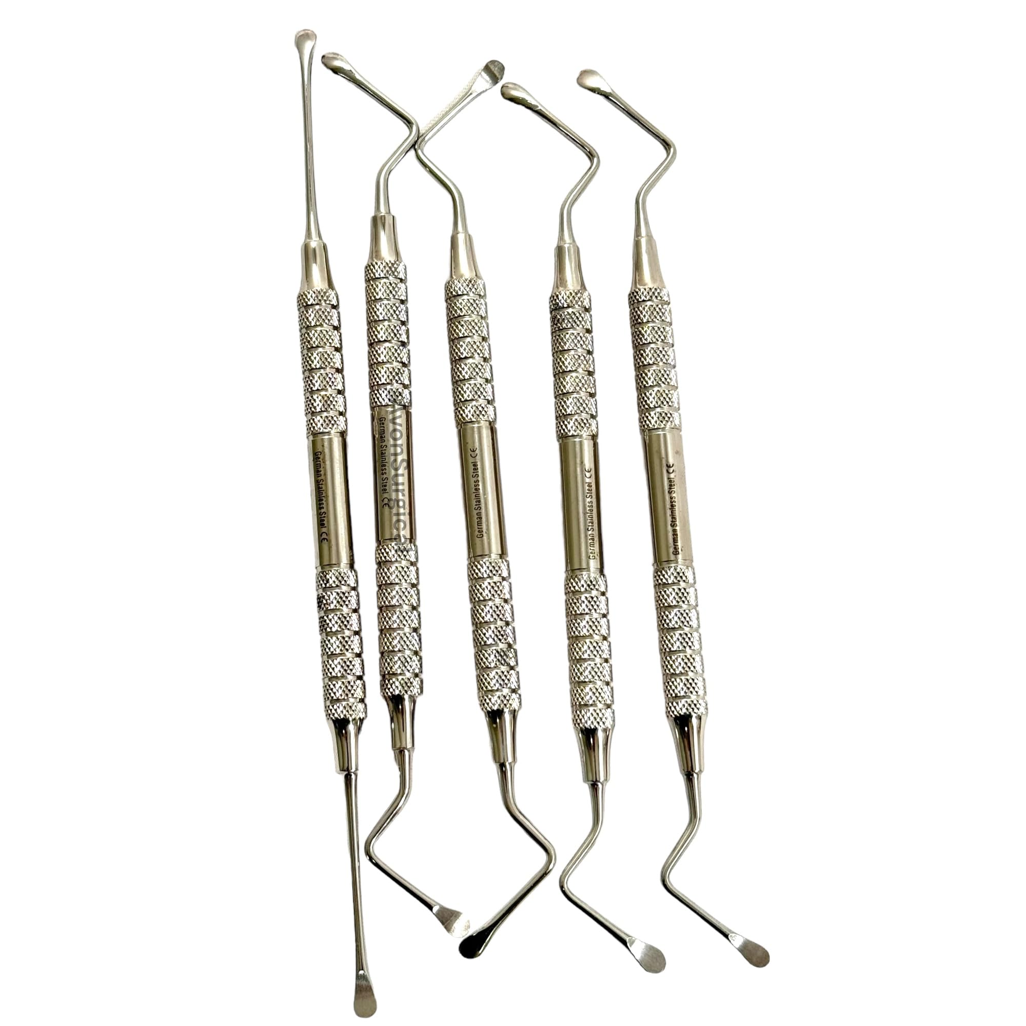 5pcs Set Hollow Handle Periodontal Lucas Curettes Double-Ended Spoons with Storage Pouch German Stainless Steel Lightweight Lab Dental Application