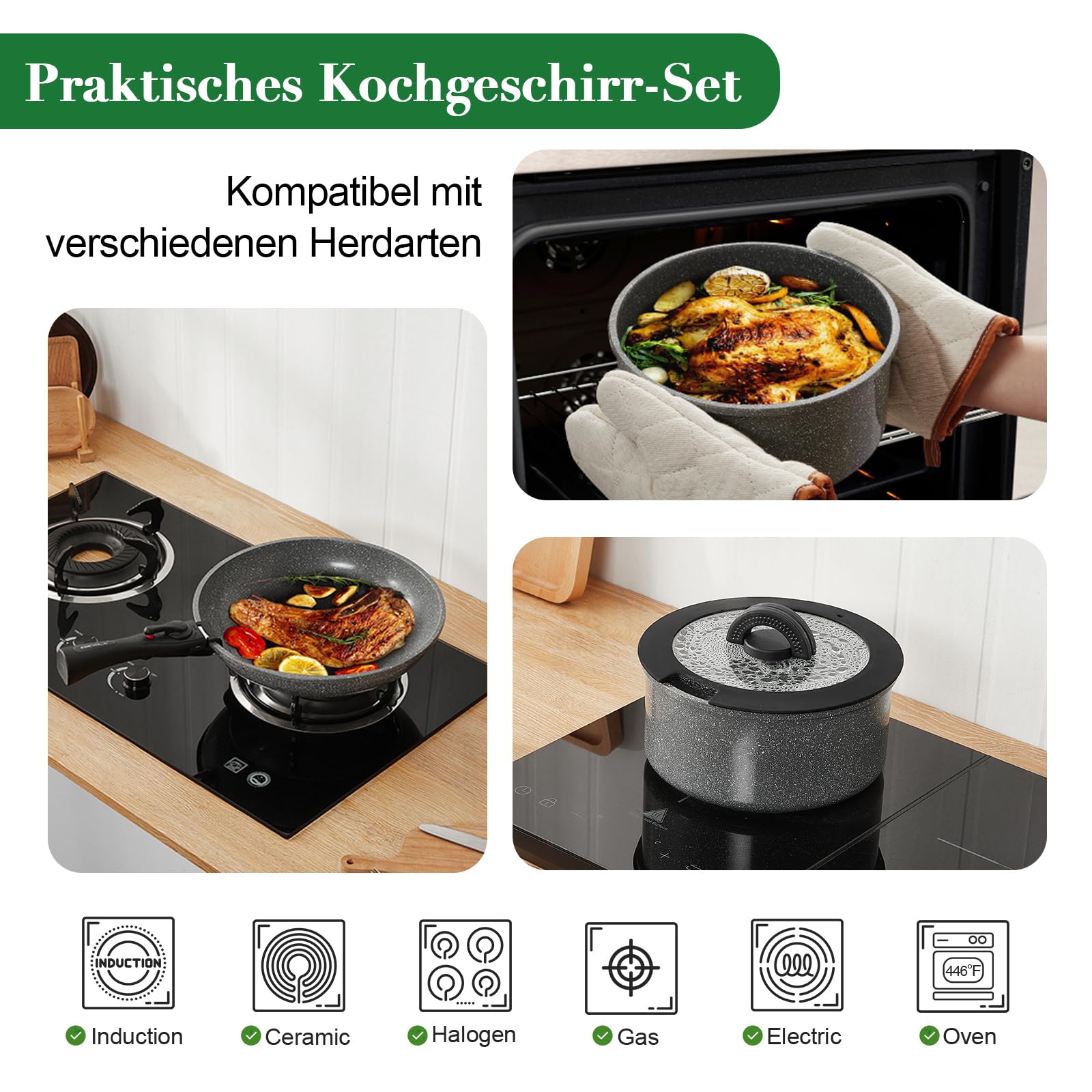 Topfset Pfannenset Induktion 7-teilige mit Abnehmbarer Griff, PFAS-Frei Keramik-Antihaftbeschichtet Pfanne 24/28cm, Kasserolle 16/20cm mit Glasdeckel, Stapelbar Ofenfest, Grau