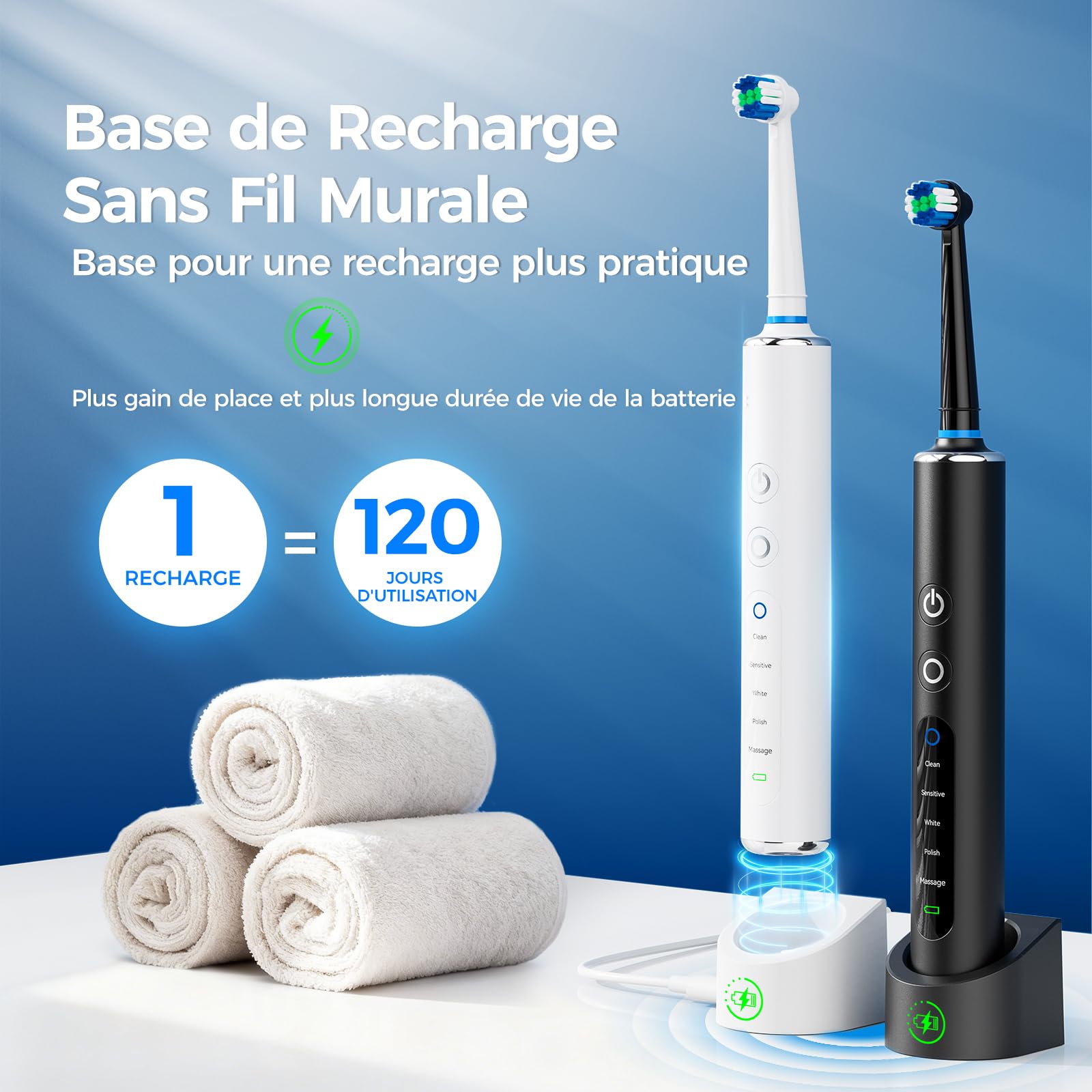 Brosse à Dents Électrique Rotative 2 Pièces Noir + Blanc, Pour Adultes et Enfant, 3 Intensités 5 Modes, Brosse à Dent Électrique avec 12 Têtes de Brosse, 2 Étuis de Voyage, Batterie 120 Jours