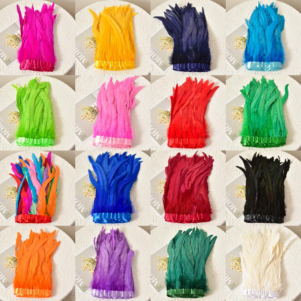 Flecos de Plumas de Coda de Gallo con Cinta de Satén, 2 Metros Largo y 28-33cm Ancho, Plumas Naturales para Costura, Disfraces, Carnaval, Halloween, Boda y DIY Artesanía (Fucsia)
