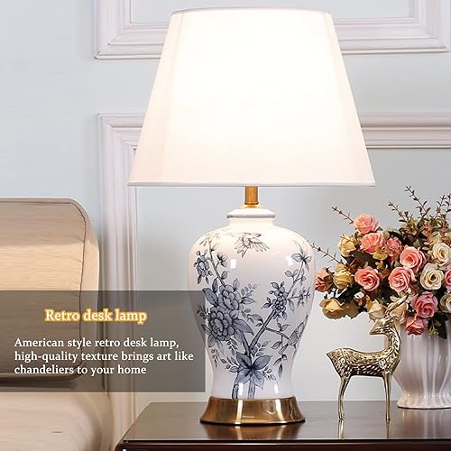 Miniatura 6 de PURESILKS Lámpara de mesa de cerámica blanca de 23.6 pulgadas, pantalla de campana de rama con decoración de flores y plantas dibujadas a mano,