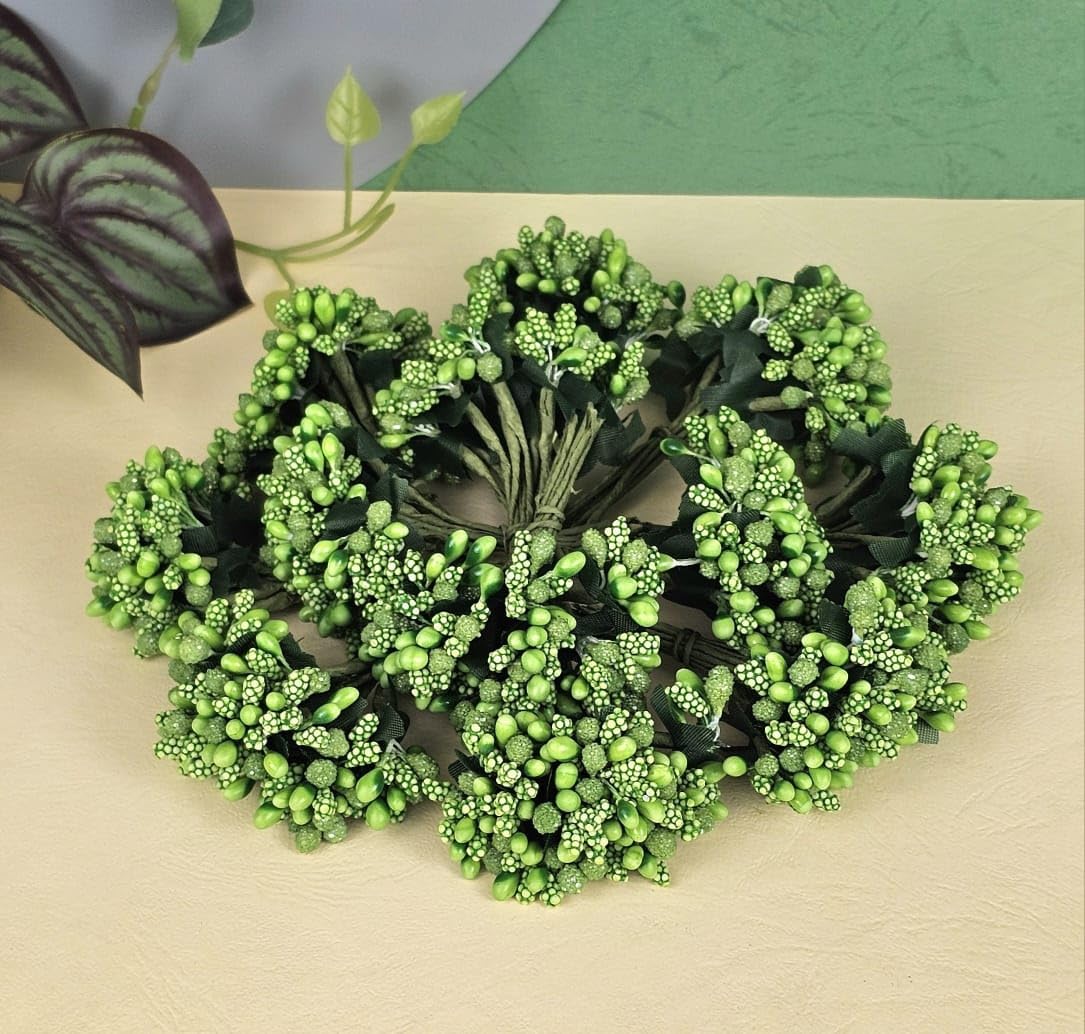 SATYAM KRAFT 12 Bunch Artificial Pollen Flower Perfect for Tiara, Jewelry and DIY Flowers for Bouquet, Hamper, Trousseau Decoration Diwali Items (12 Bunch of 12 Pollen Each)(Green) (B0D4J2NZHN) Amazon Price History, Amazon Price Tracker