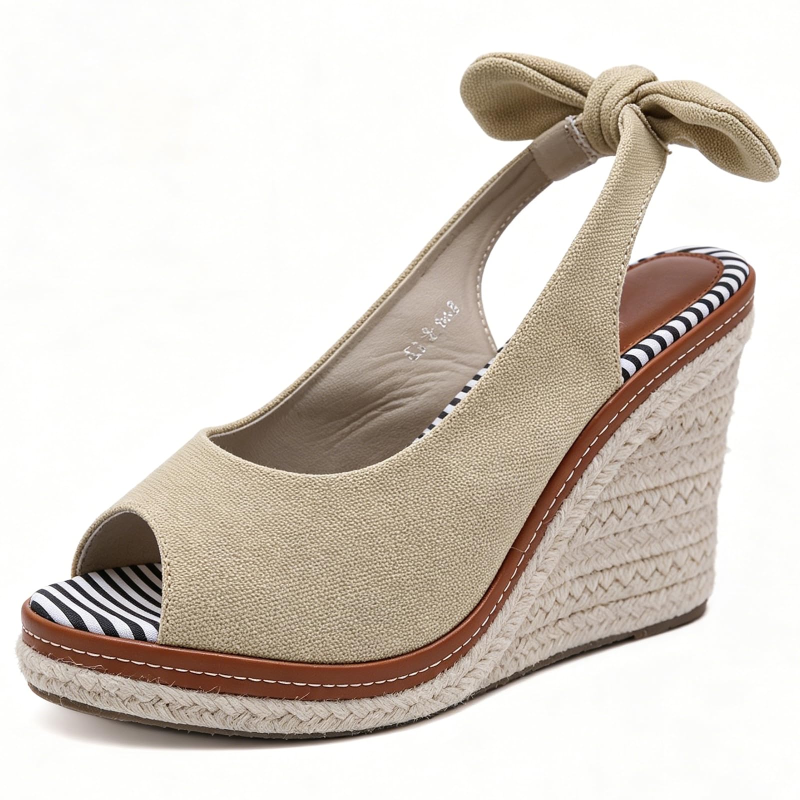 Sandali con zeppa a punta aperta in tela fiocco sul cinturino posteriore texture espadrille Ufficio pendolarismo camminata quotidiana