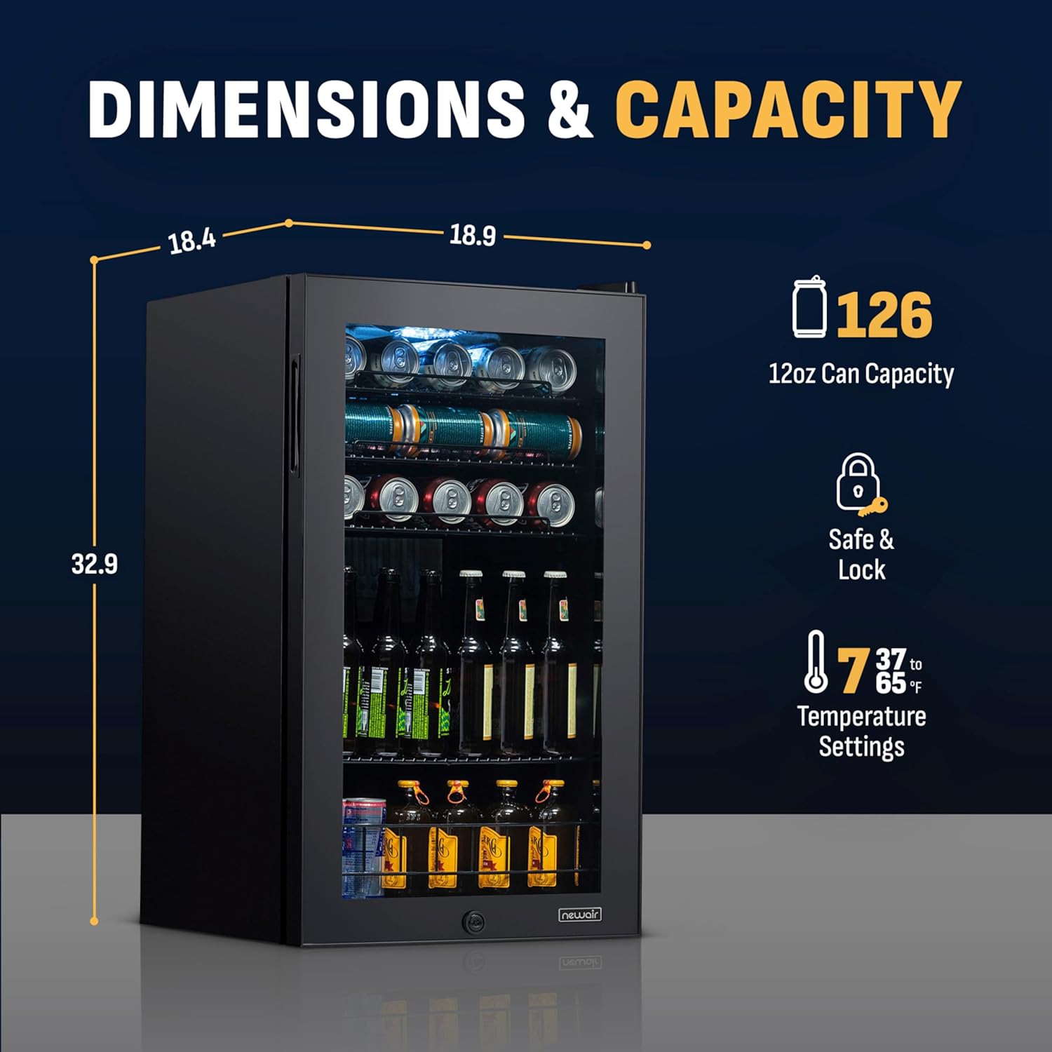 NewAir 126 Can Beverage Refrigerator | Freestanding Small Mini Fridge for Bedroom with Glass Door | Drink Cooler with Adjustable Shelves, Quiet Cooling & Locking Door | Black