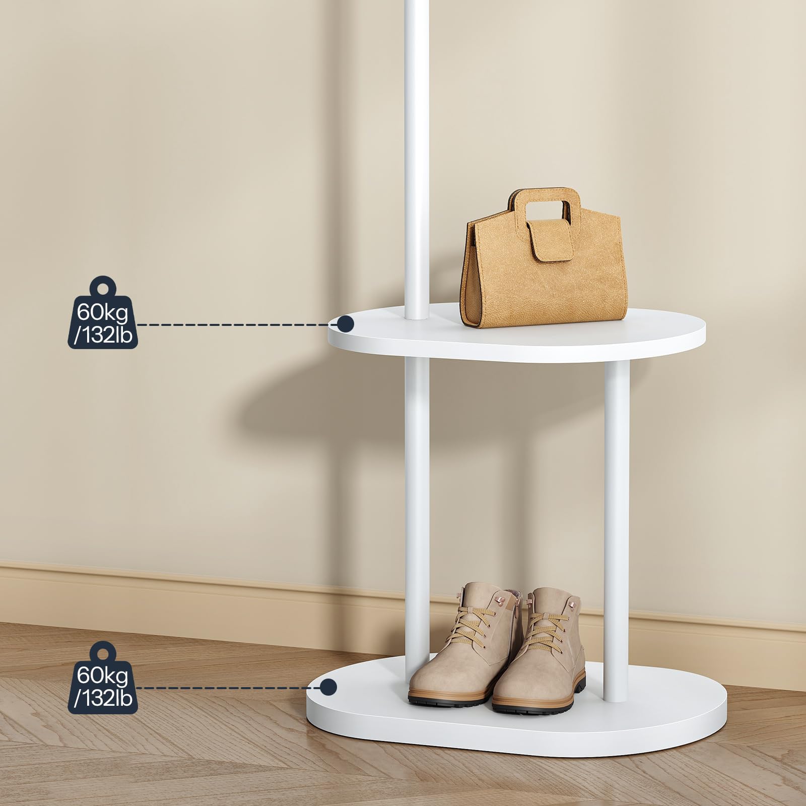 HOOBRO Perchero con 4 Ganchos, Perchero de Pie para Entrada con 2 Estantes, Colgador para Ropa, Sombreros y Bolsos, Adecuado para Dormitorio, Sala y Pasillo, Blanco EWT50YM01