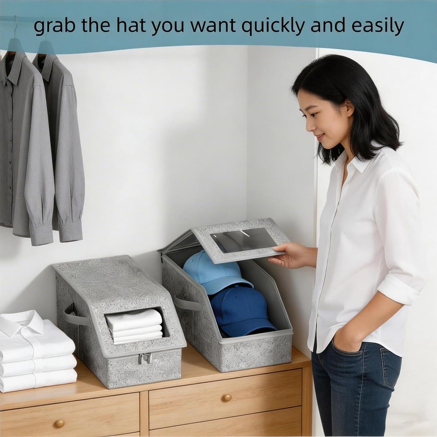 Hat Organizer for Baseball Caps - 2 Pack Stackable Hat Storage Boxes with Clear Window, Holds Up to 24 Caps, Dustproof Hat Box for Closet & Shelf, Space-Saving Hat Holder for Men & Women, Grey