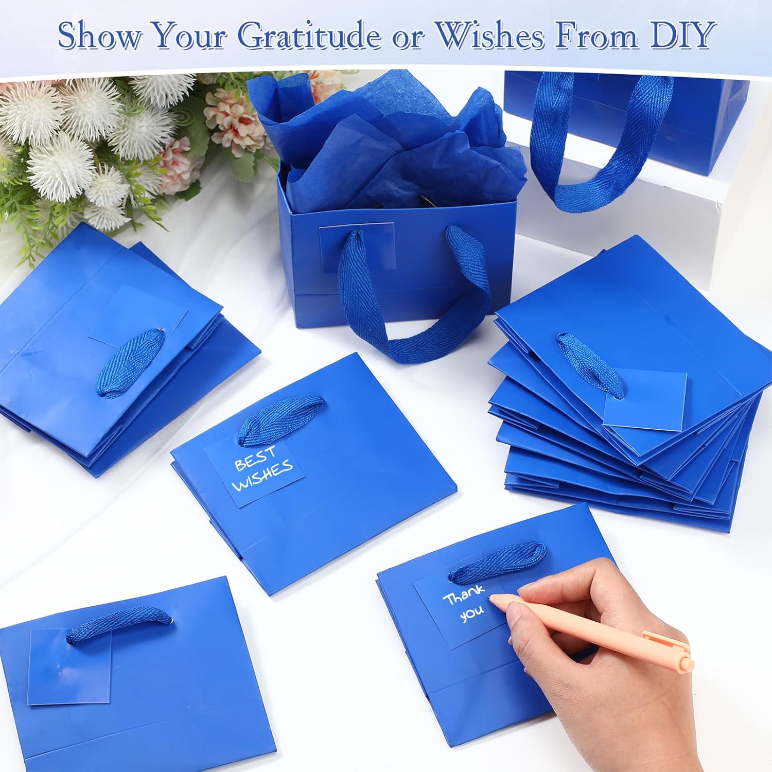 Zhanmai 100 Pcs 4.7 x 2.4 x 3.9 Inch Mini Gift Bags Bulk with Tissue Paper Kraft Paper Bag with Handle Gift Tag for Birthday Party, Valentines Day, Baby Shower, Wedding, Mother's Day (Dark Blue) - Image 5