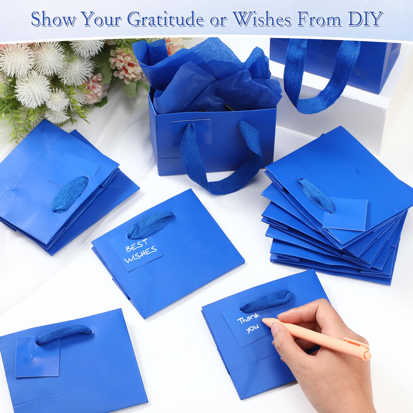 Zhanmai 100 Pcs 4.7 x 2.4 x 3.9 Inch Mini Gift Bags Bulk with Tissue Paper Small Kraft Paper Bag with Handle Gift Tag for Birthday Party, Wedding, Graduation, Mother's Day, Father's Day(Dark Blue)