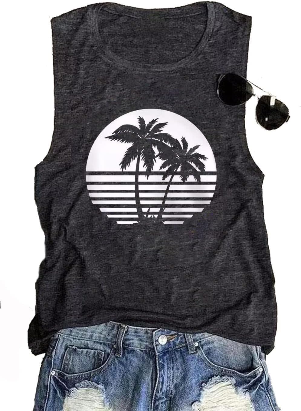 Live Simple Tank Tops for Women Beach Coconut Tree Graphic Tank Tops Sleeveless Casual Loose Workout Tees - Image 4