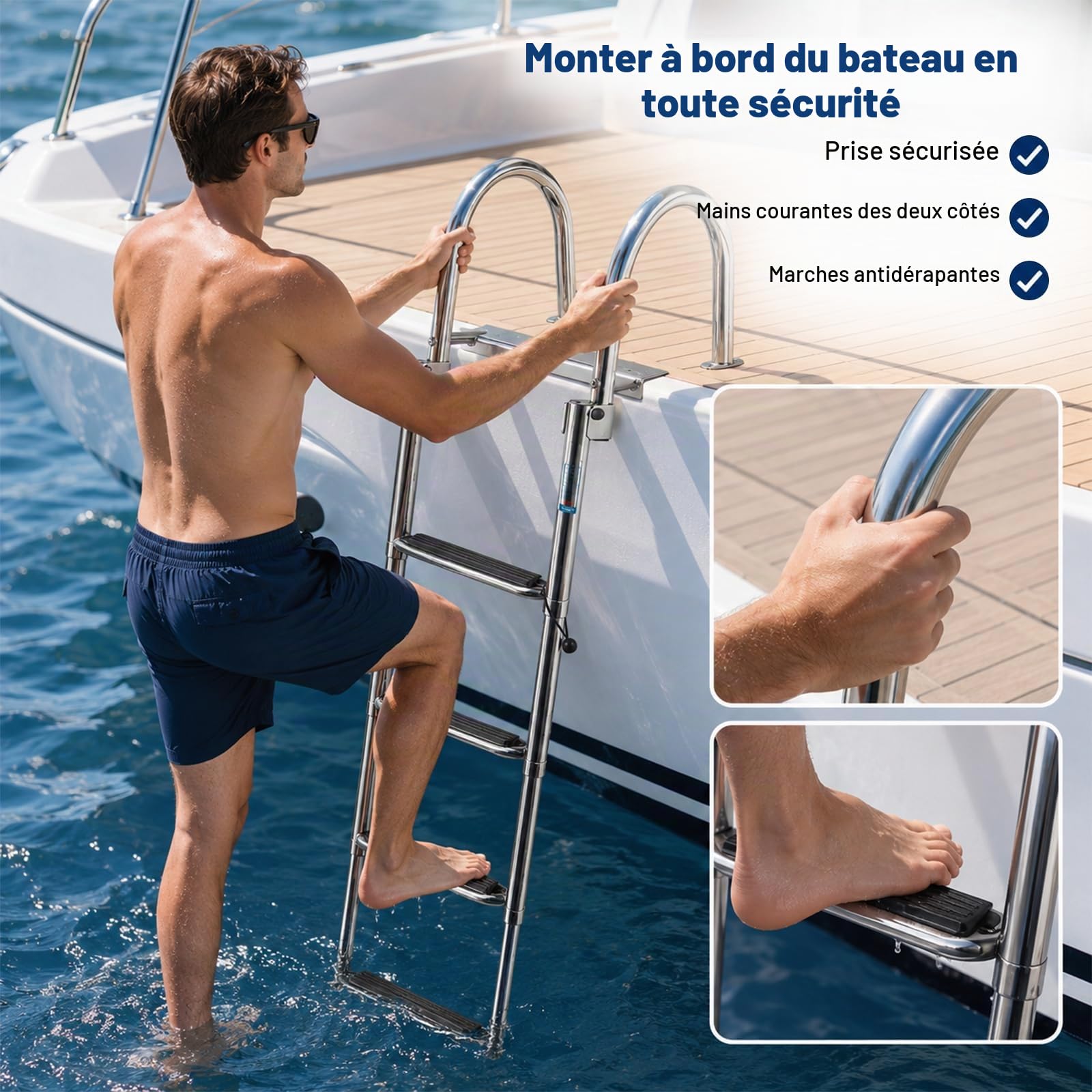 Échelle de Bateau 4 Marches en Acier Inoxydable 304, Échelle de Quai Pliable Télescopique avec Barres Antidérapantes & Mains Courantes, Échelle de Piscine pour Bateau Yacht, Capacité de Charge 200kg