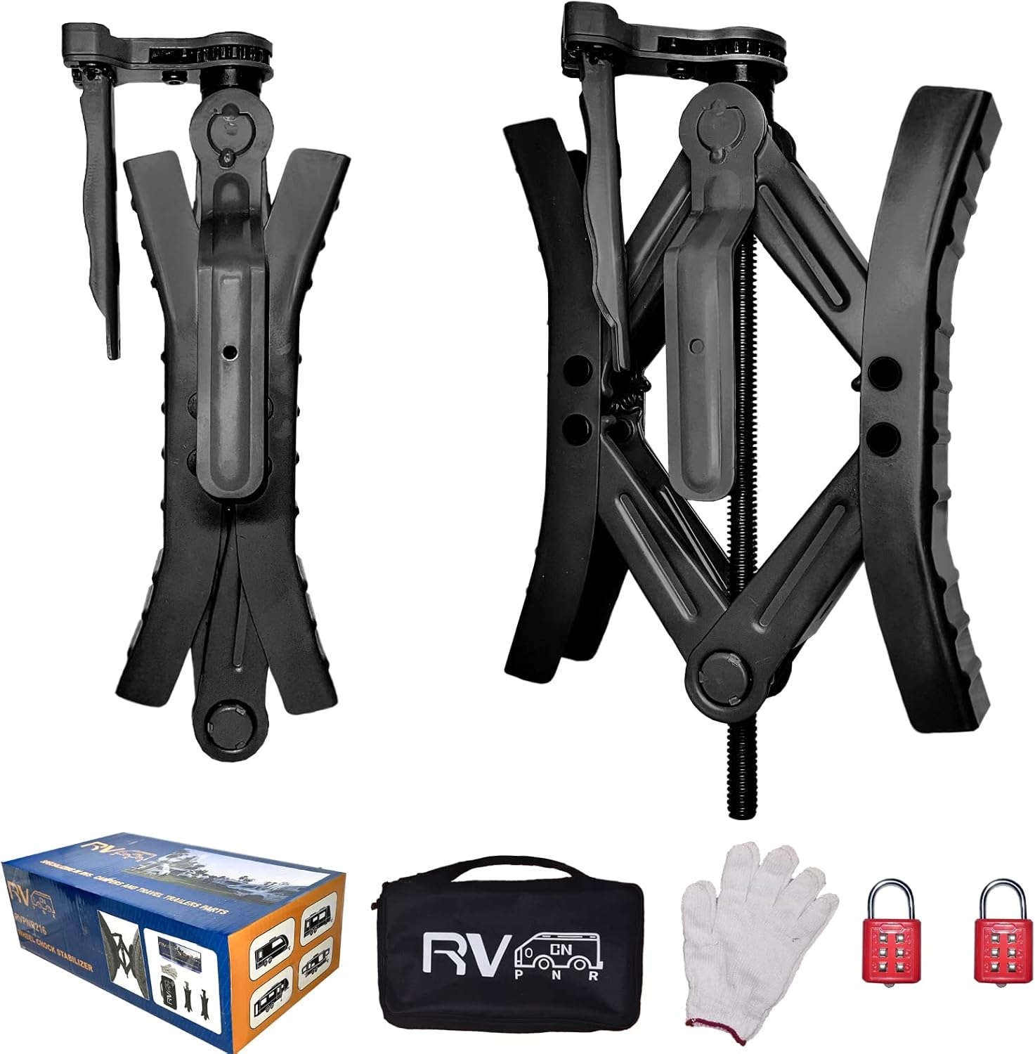 RV Wheel Chock Stabilizers,Heavy Duty Camper Tire Chock Stabilizers,Travel Trailers Wheel Chock Scissor 2 Sets with Built-in Wrench and Password Locks no Key Required (Black)