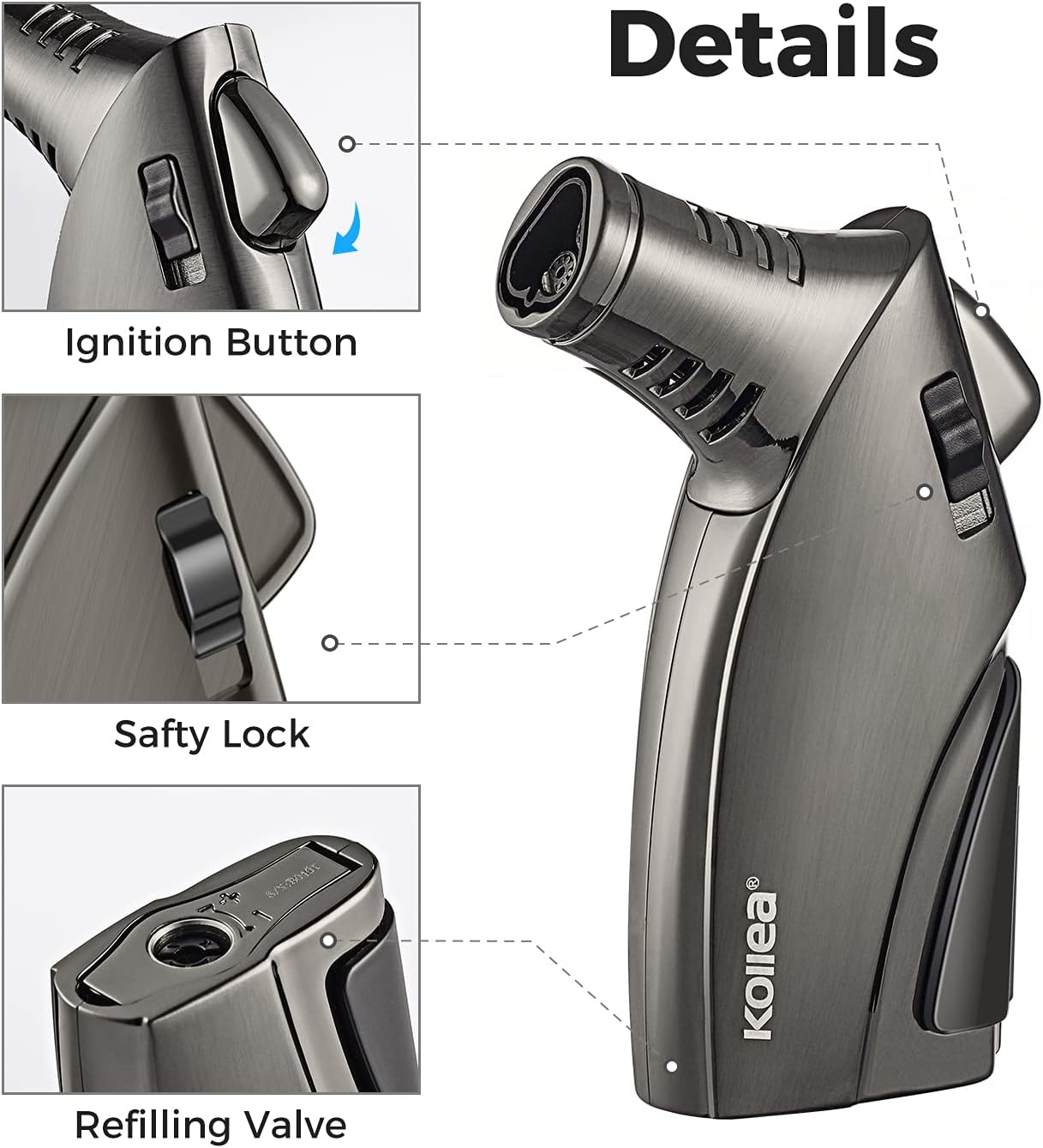 Kollea Torch Lighter, Triple Jet Flame Butane Cigar Lighter with Cigar Punch and Safety Lock, Refillable and Windproof Butane Fuel Lighter, Great Gift Idea for Men (Butane Gas Not Included) : Health & Household
