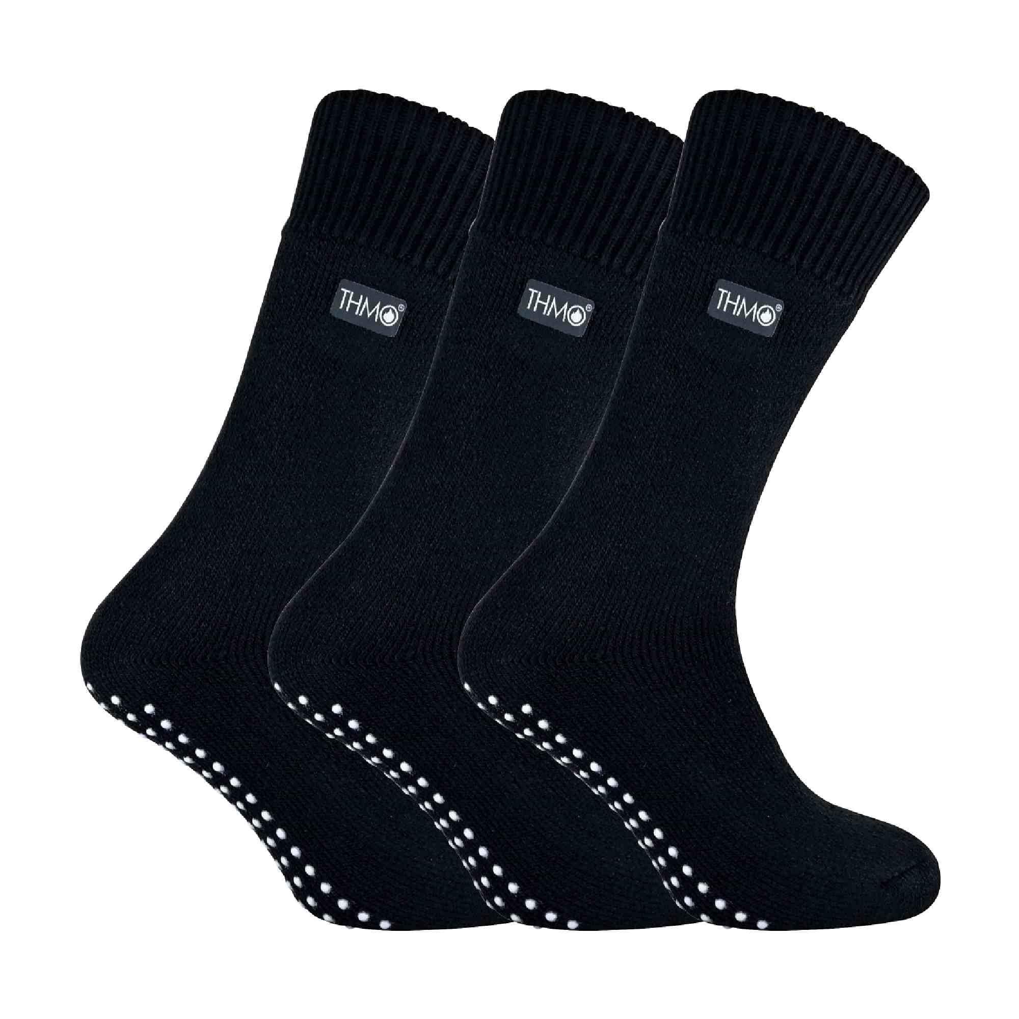 Thmo Men's Black 3 Pairs Fleece Lined Slipper Socks Breathable Crew Indoor Socks With Grippers