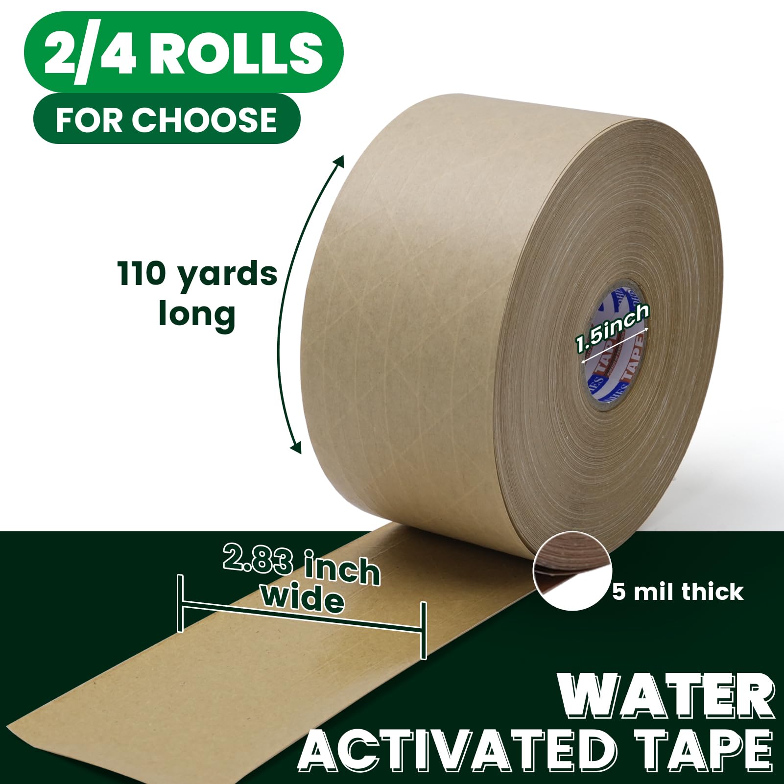 Adhes 4 Rotoli Di Nastro Adesivo In Carta Kraft A Base D'Acqua, Marrone Nastro Adesivo Per Imballaggio Attivato Ad Acqua, 72 Mm X 100 M, Biodegradabile