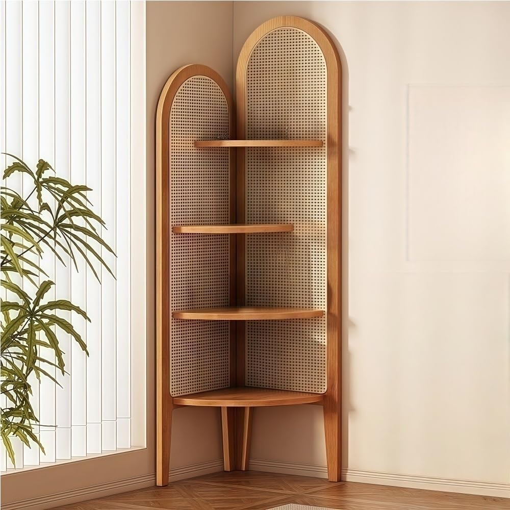 Estante esquinero de ratán de 4 niveles para decorar un salón acogedor y luminoso