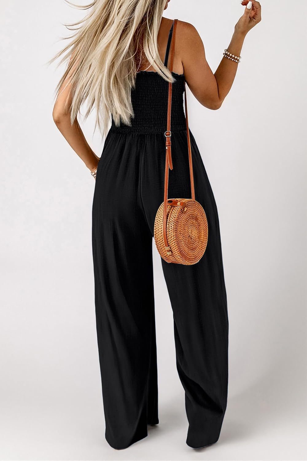 Women's Summer Casual Jumpsuits One Piece Outfits Square Neck Sleeveless Spaghetti Strap Wide Leg Rompers with Pockets - Image 4