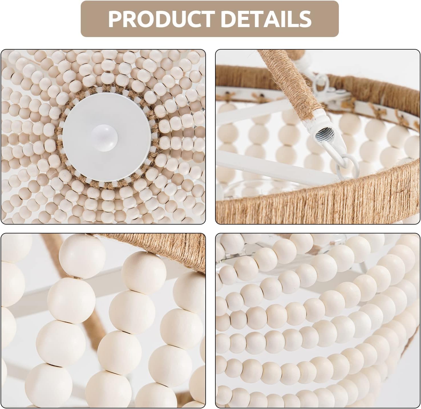 Wood Beaded Mini Chandelier Farmhouse Bohemia Semi Flush Mount Ceiling Light Rustic 3-Light Ceiling Lighting Fixtures for Bedroom Dining Nursery Room Girl Room Hallway, White, Dia 15 Inch