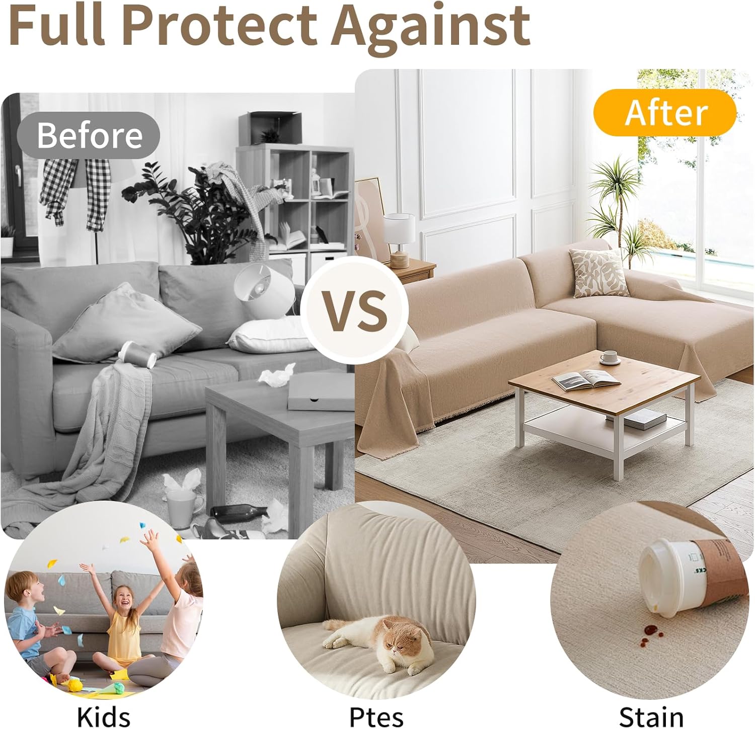 Sectional Couch Covers 2-Piece Set for L-Shaped Sofas, Pet Friendly Washable Furniture Protector, Chenille Couch Blanket Fits 2-3 Cushion Couches(71"x118"+71"x118", Sand)
