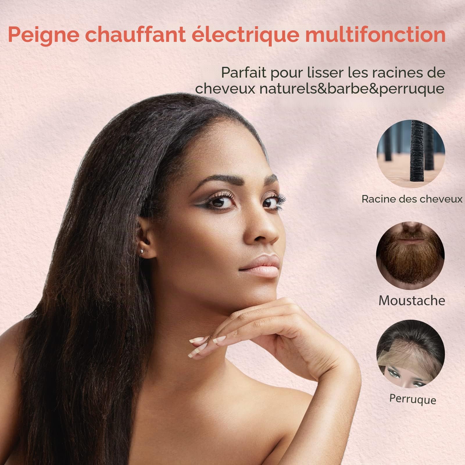Peigne Chauffant pour Perruques, Peigne à Lisser, fer à Lisser pour Cheveux Afro et Barbe, Température Réglable, Double Tension, Arrêt Automatique