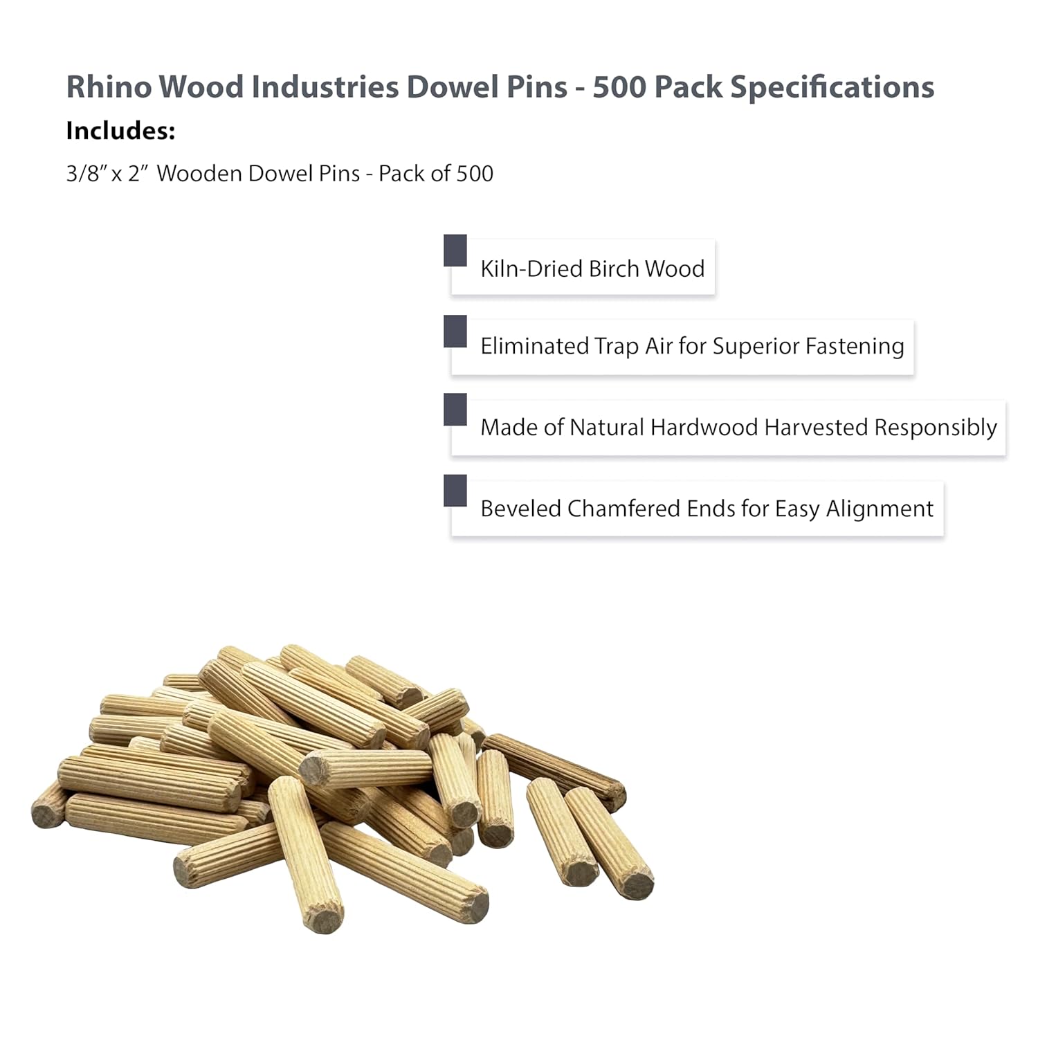 3/8" x 2" Wooden Dowel Pins, 500-Pack – Birch Hardwood, Kiln-Dried, Fluted & Beveled (3/8" x 2", 500pk)