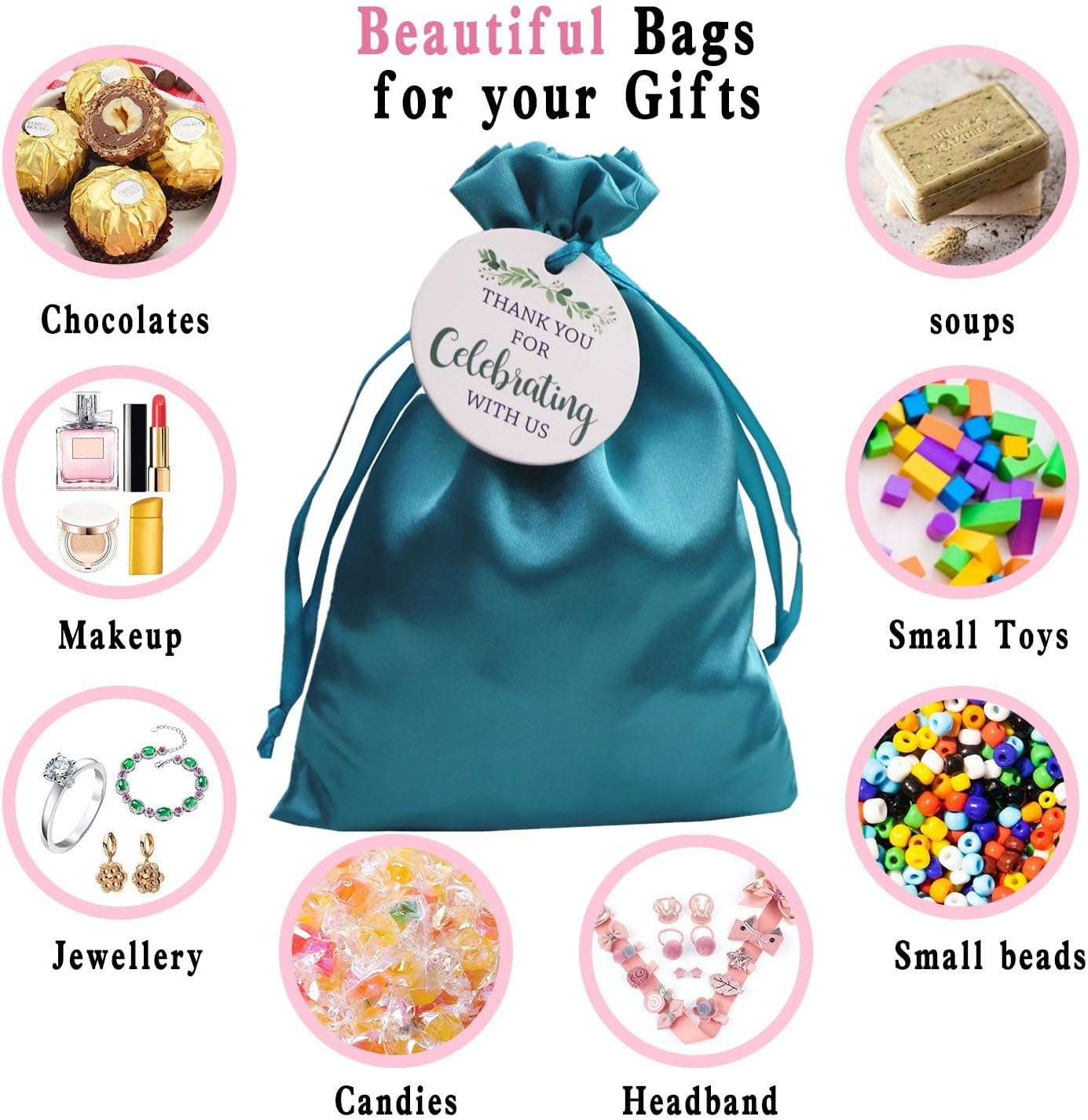 GUIFIER 30 Pack 5x7 Inch Satin Gift Bags, Teal Drawstring Bag with Tags, Silk Jewelry Pouches, Wedding, Graduation Favor Bag, Small Candy Pouch, Reusable Fabric Gift Bags for Baby Shower - Image 3