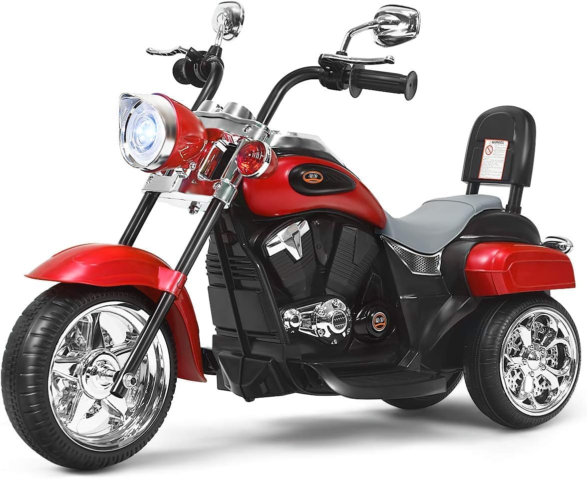 FANTASK 6V Elektro Motorrad Kinder 2,5-3 km/h, Geschwindigkeit KinderMotorrad mit verstellbaren Scheinwerfer Rot, Dreirad Elektromotorrad mit Sound, Hupe, Rückspiegel, Pedale