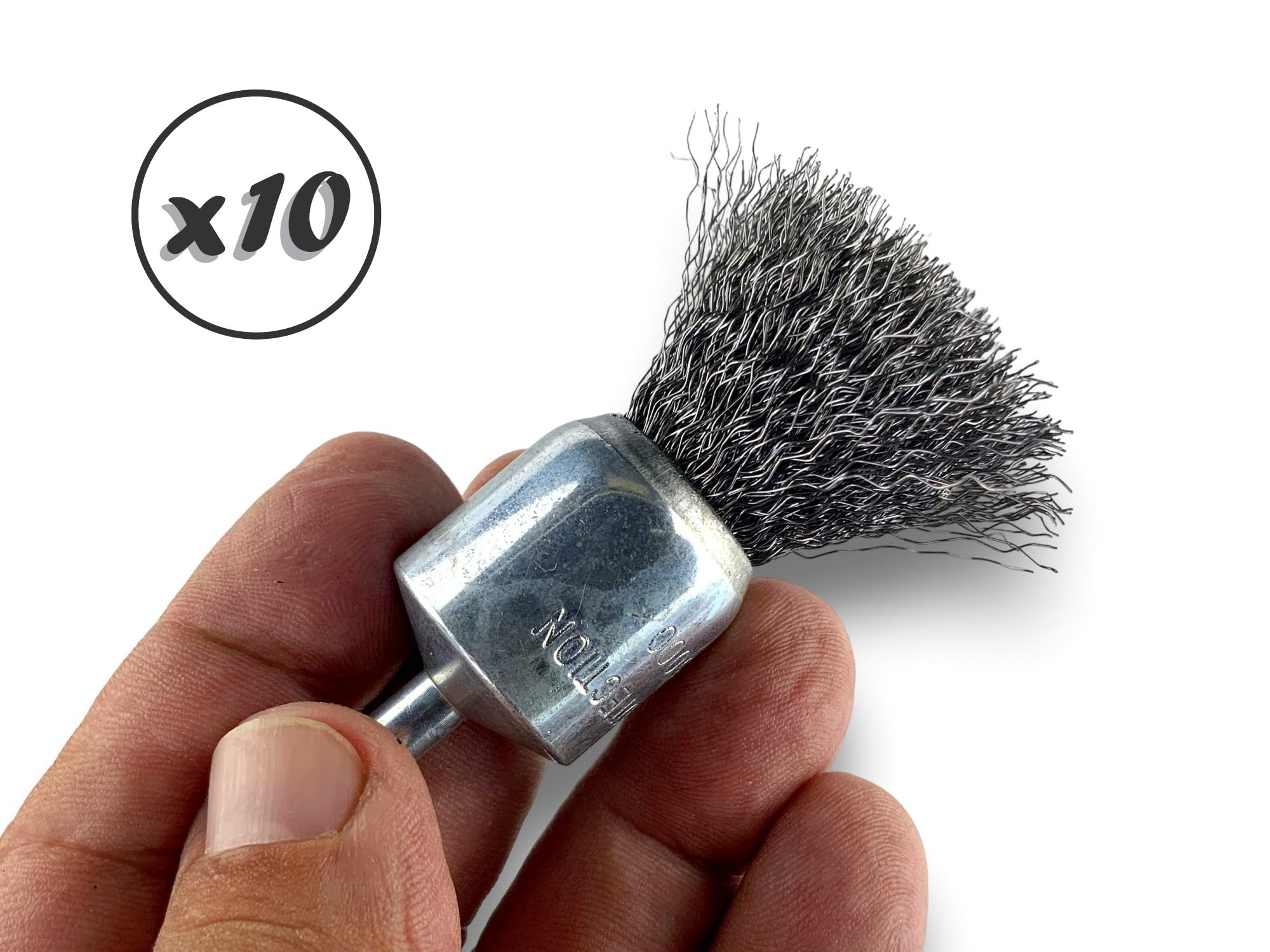 Metalowa szczotka obrotowa z końcówką Ø 22 mm | Zestaw 10 sztuk | Kształt pędzla na pręcie Ø 6 mm | Nici stalowe Ø 0,20 mm miękkie | Do wiertarki lub wkrętarki z uchwytem | Kibros 20AV22x10