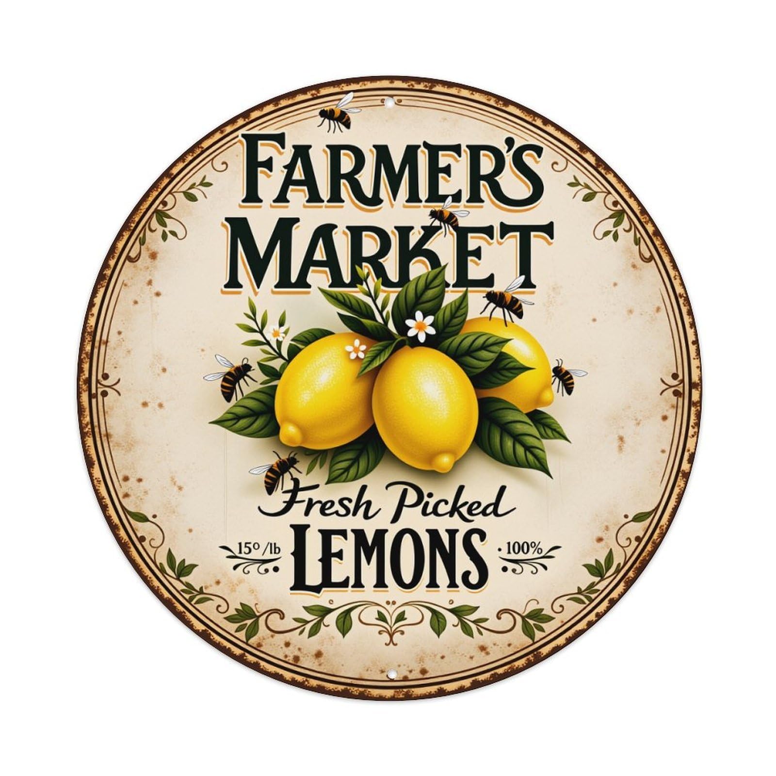 Farmer's Market Fresh Picked Lemons Round Tin Sign Vintage Style Metal Sign Home Bar Garden Wall Plaque Decor Metal Poster 8x8 Inch