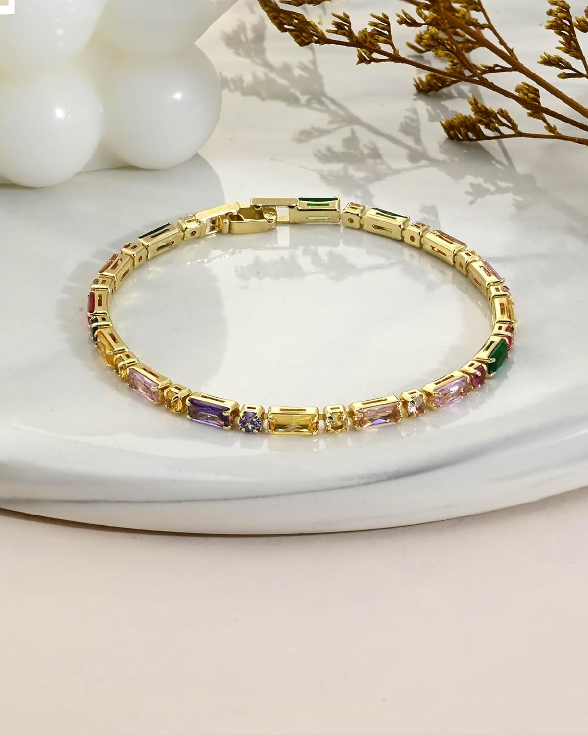 14K Gold Rainbow Tennis Bracelet Colorful Chain Crystal Link Bracelet for Women 6.5'' - Image 6