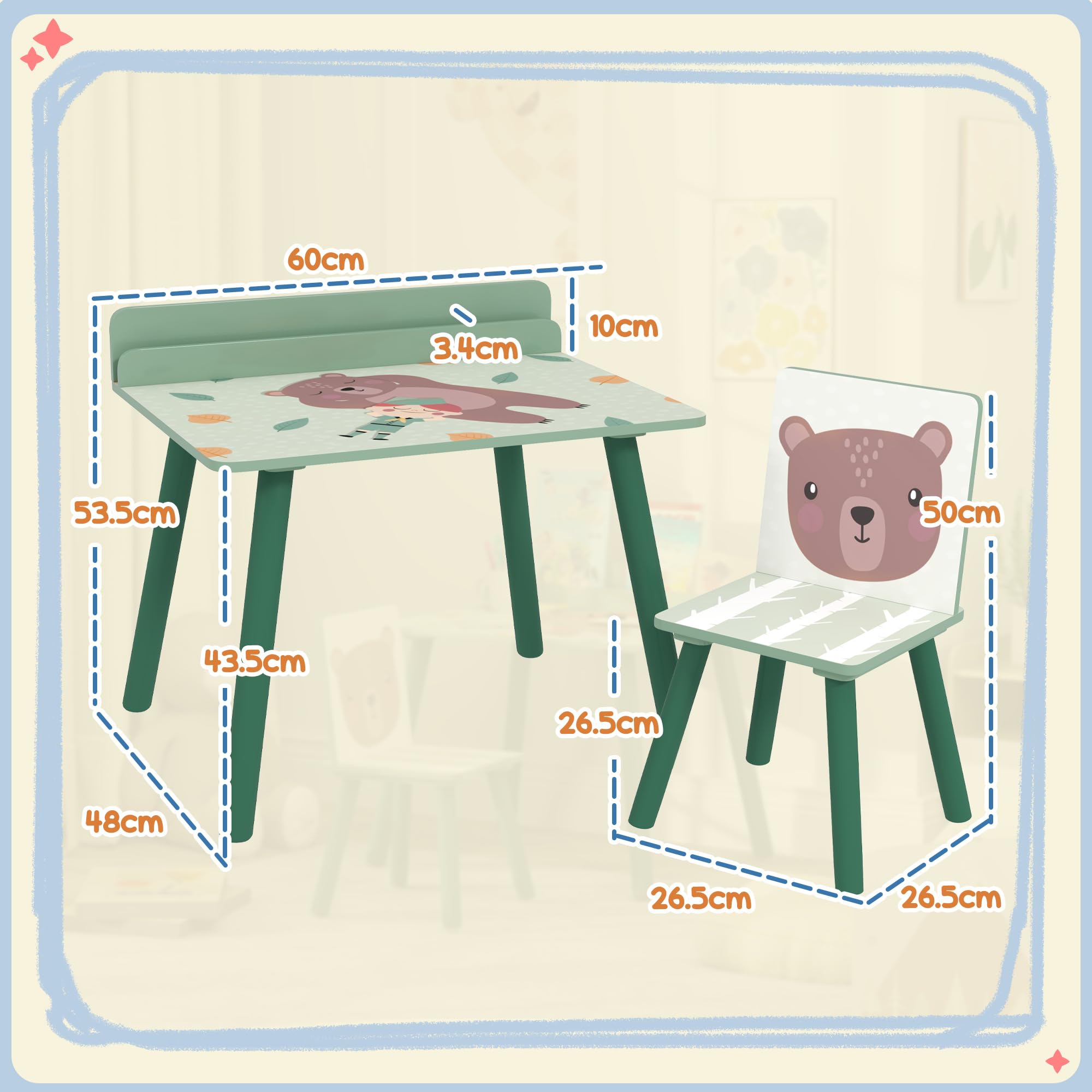 AIYAPLAY Set Sedia e Tavolino per Bambini con Ripiano Portaoggetti, Banco Scuola e Sedia in MDF e Legno di Pino, per Cameretta, Stanza da Gioco, Camera da Letto, Verde