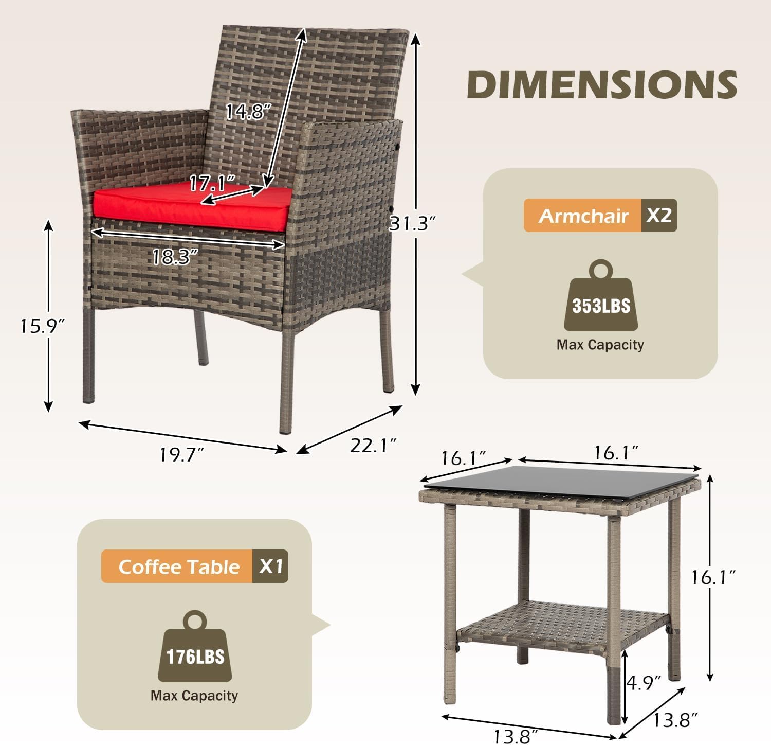 A Set of Three-piece Furniture, Rattan Chairs and A Glass Coffee Table, for Use in The Courtyard and Garden.(Black and Khaki)