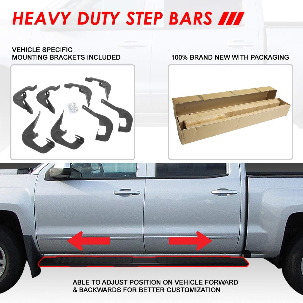 Auto Dynasty 6 Inches Side Step Nerf Bar Running Boards Compatible with Silverado Sierra 1500 2500HD 3500HD Crew Cab 07-19, Stainless Steel, Black Powdercoated
