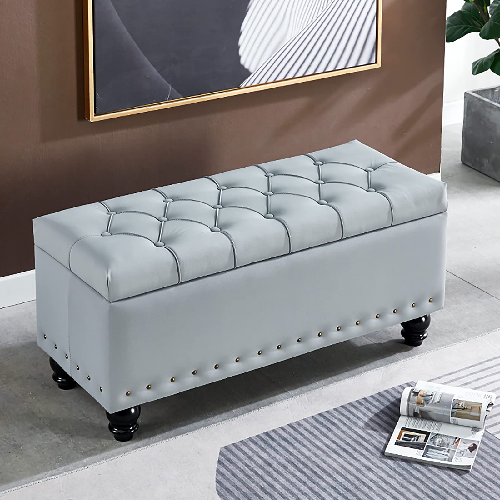 WJFTODAY Faux Leather Shoe Storage Bench Ottoman Padded Seat End of Bed Storage Stylish Foot Stool for Living Room & Bedroom Gray Ottoman Furniture 80x40x45 cm