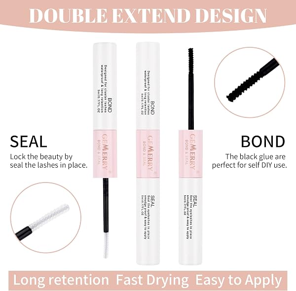 GEMERRY Colla per Ciglia Lash Bond and Seal per Cluster Ciglia Singole Lunga Durata 48-72 Ore di Estensioni Delle Ciglia Impermeabili in Colla Adesiva 2 in 1 fai -da -te Colla a Casa (5 ml+5 ml) - 2