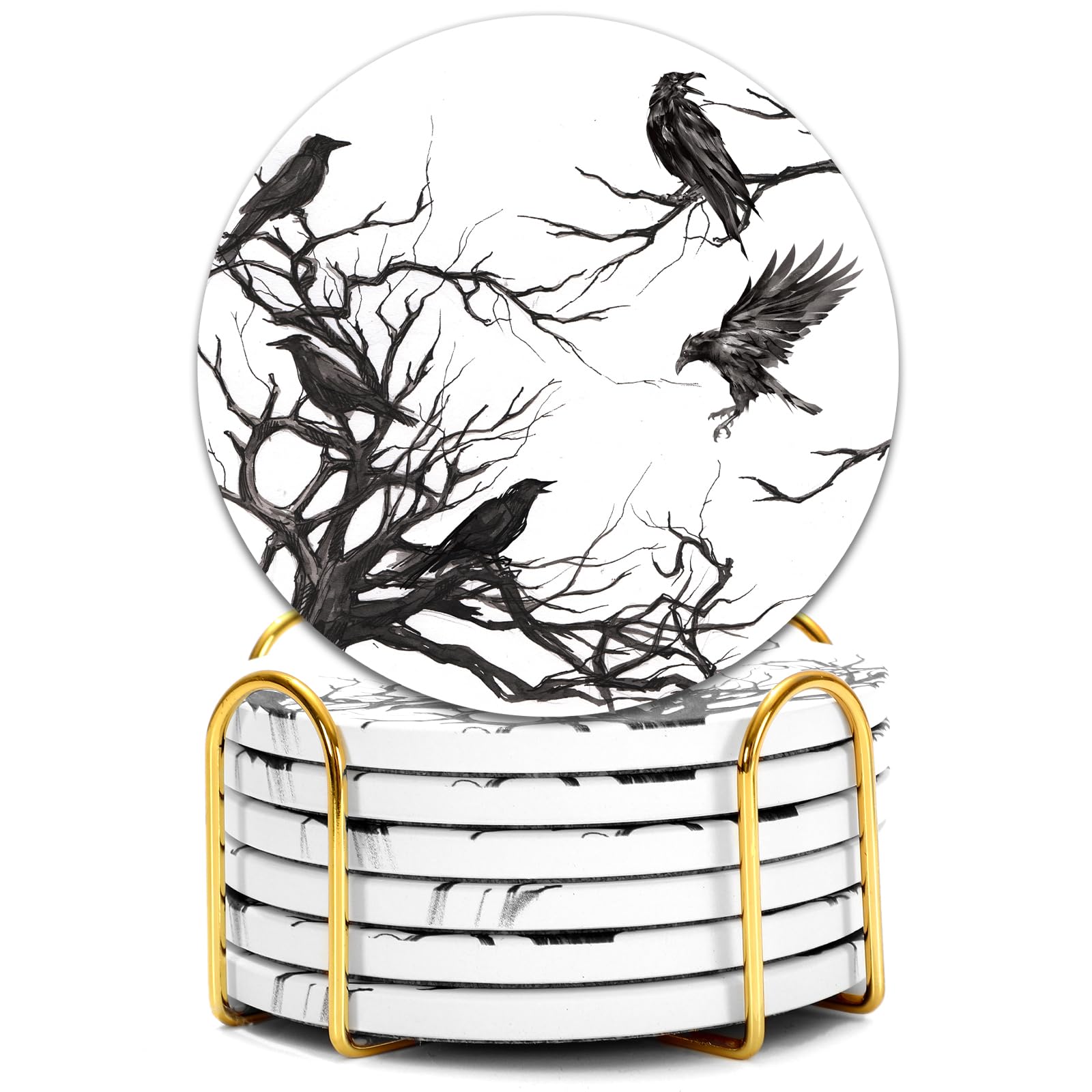 Generic AnyDesign 6Pcs Halloween Coasters with Holder Silhouette Tree Crows Drink Coasters Branches Black Ceramic Cup Mats for Party Home Office Table Decor, 3.9 x 3.9 inch