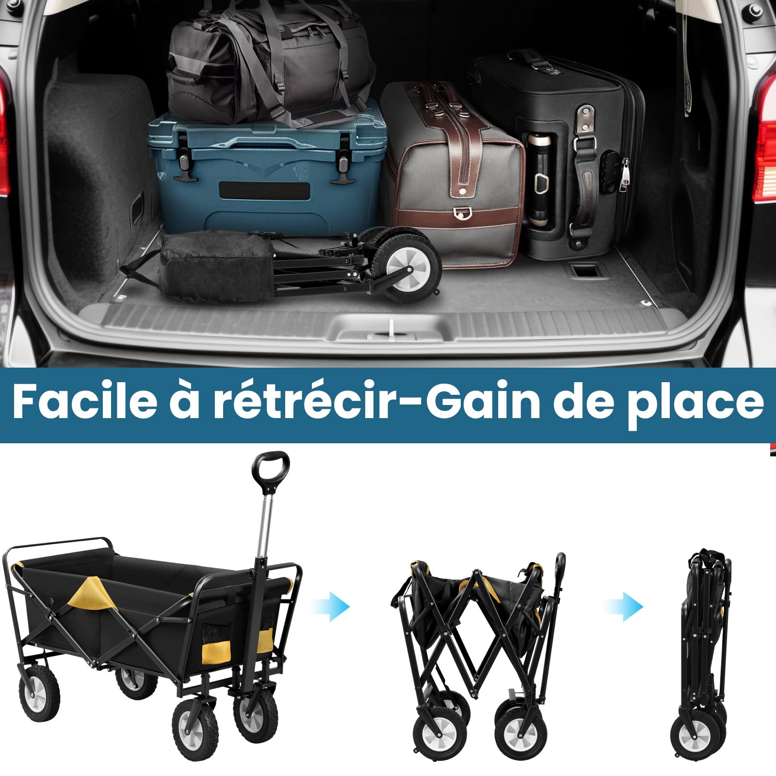 EUGAD 0010HC Chariot de Transport pour Jardin Max. 80kg Chariot Pliable à 4 Roues Tissu Oxford Anthracite+Jaune