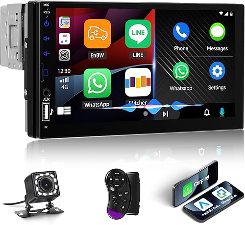 Estéreo de coche de un solo DIN con Carplay inalámbrico y Android Auto, 7 "1 DIN pantalla táctil Radio de coche con Bluetooth FM Radio espejo enlace