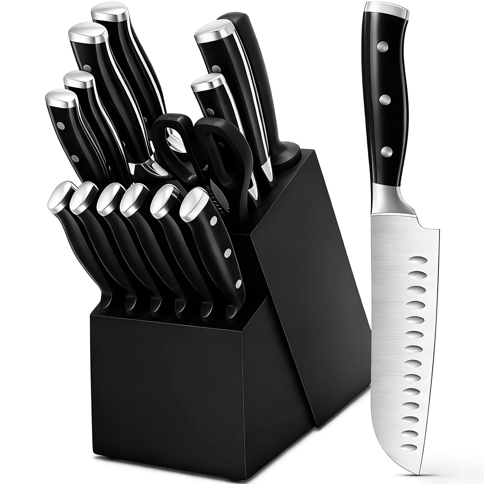Knife Set 15 Piece Premium Kitchen Knife Block Set Razor-Sharp High Carbon Stainless Steel Chef Knife Ergonomic Forged