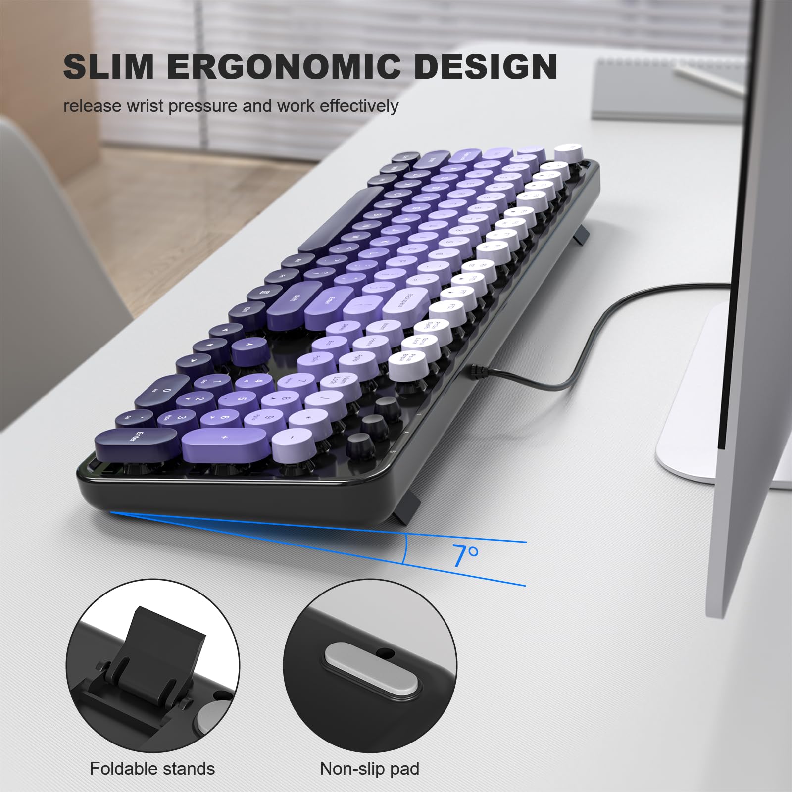 Kabelgebundene Computer-Tastatur, bunte Tastatur in voller Größe mit schwebenden runden Tasten, Schreibmaschinentastaturen für Laptop, Büro, PC, Desktop-Fenster, Schwarz / Violett