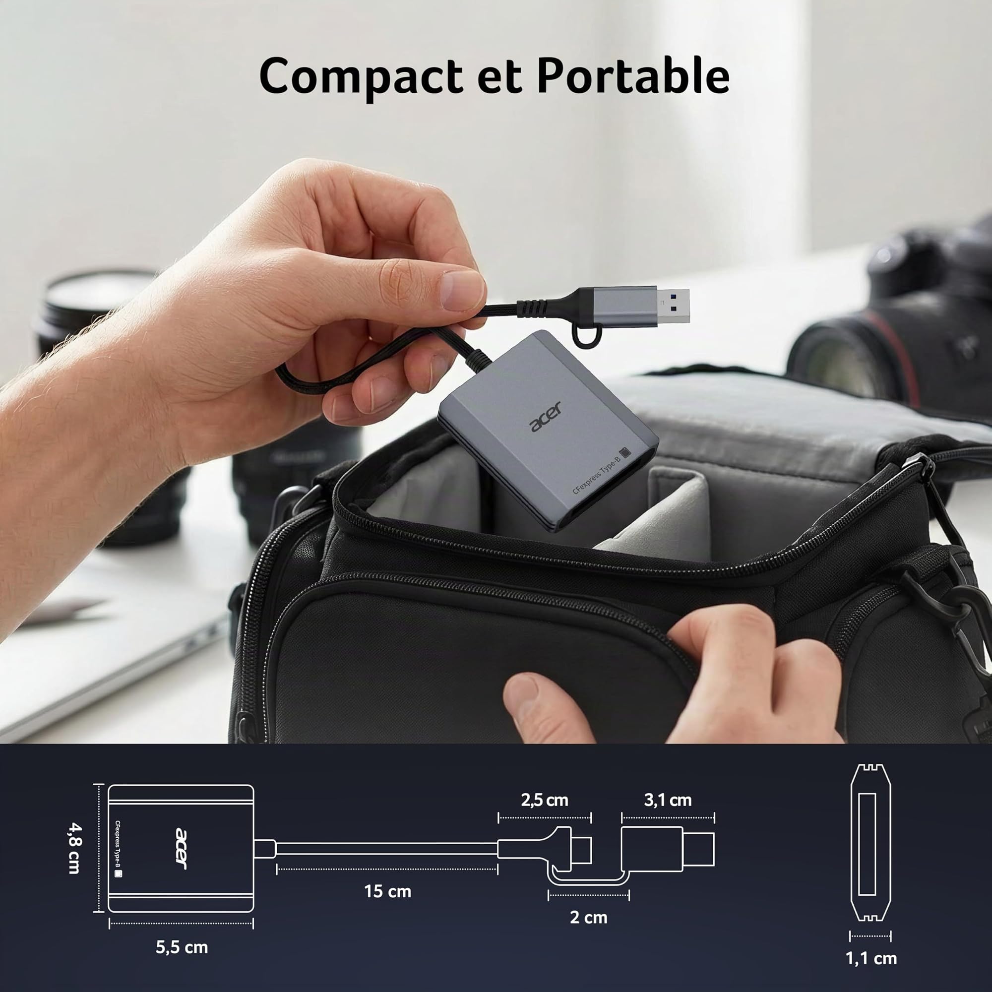 Acer Lecteur de Carte CFexpress Type B 10Gbps, Card Reader CFB USB-C et USB-A 3.2 Gen 2, Adaptateur Carte Mémoire CFe Type B 1250MB/s pour PC, iPhone17, Samsung S26, MacBook, iPad Pro, etc.