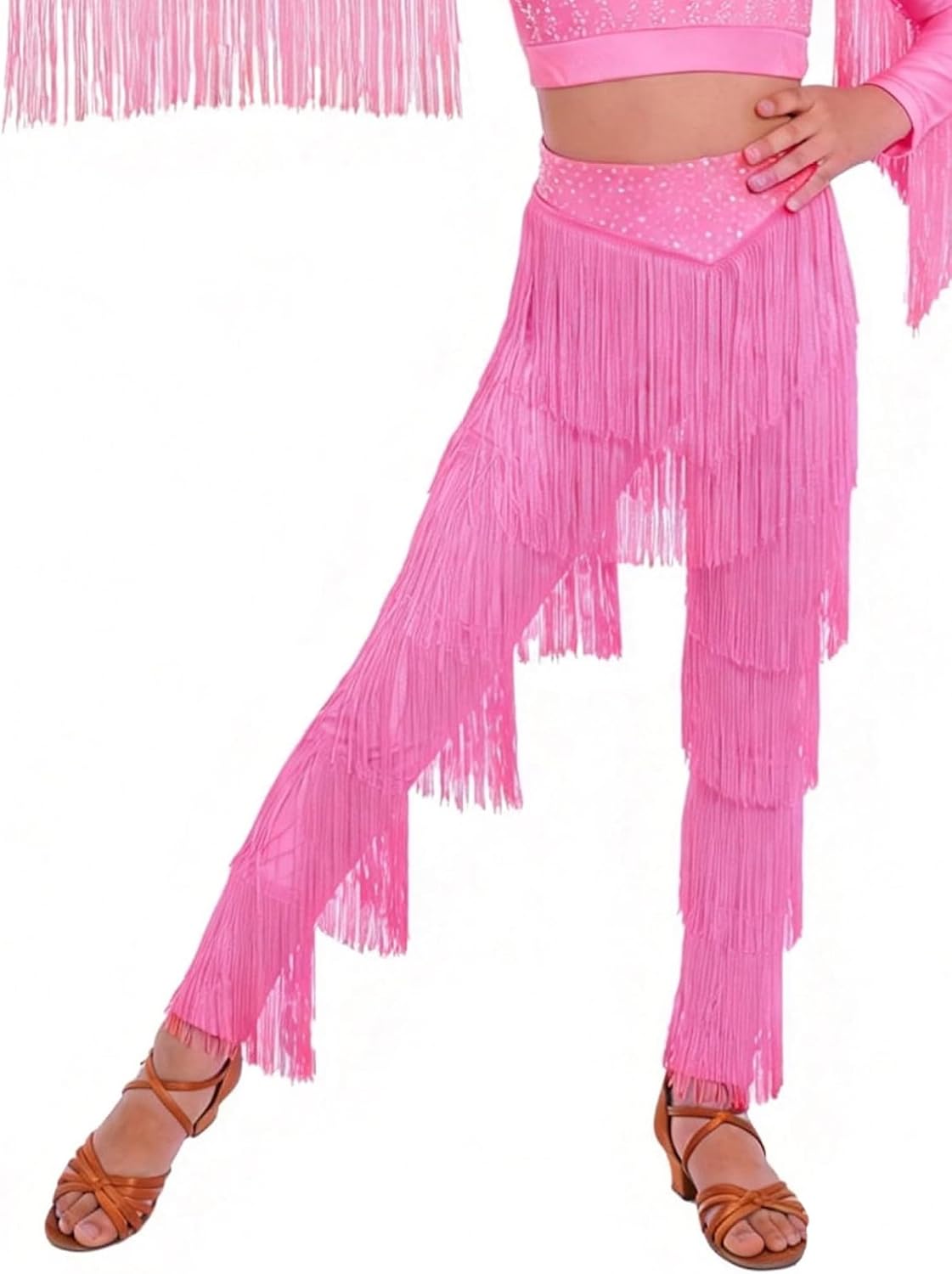 Kids Girls Tassel Latin Dance Pants Elastic Waist Fringe Practice Trousers for Rumba Cha Cha Tango Salsa